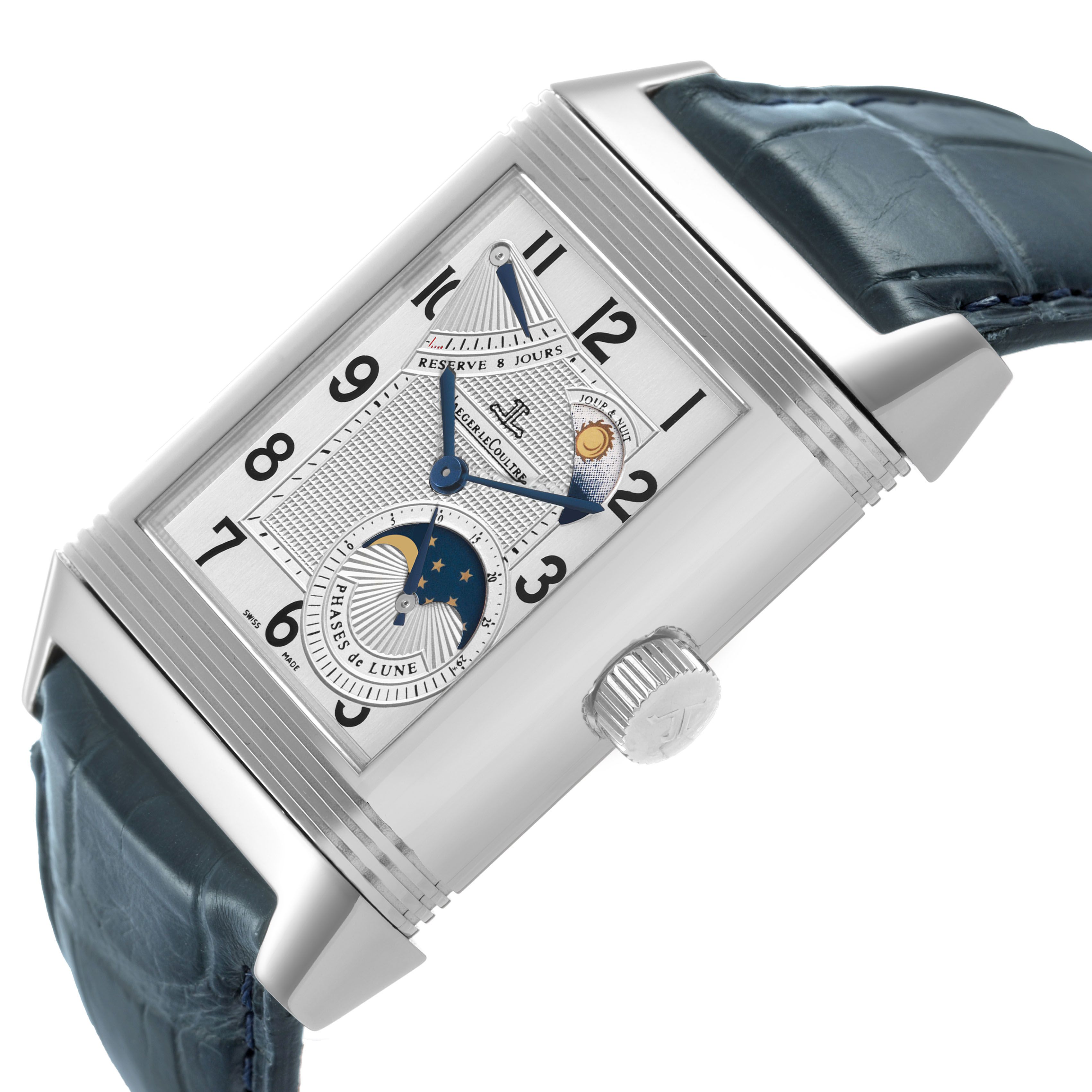 The Jaeger-LeCoultre Reverso watch is shown at an angled view, displaying its face, crown, and leather strap details.