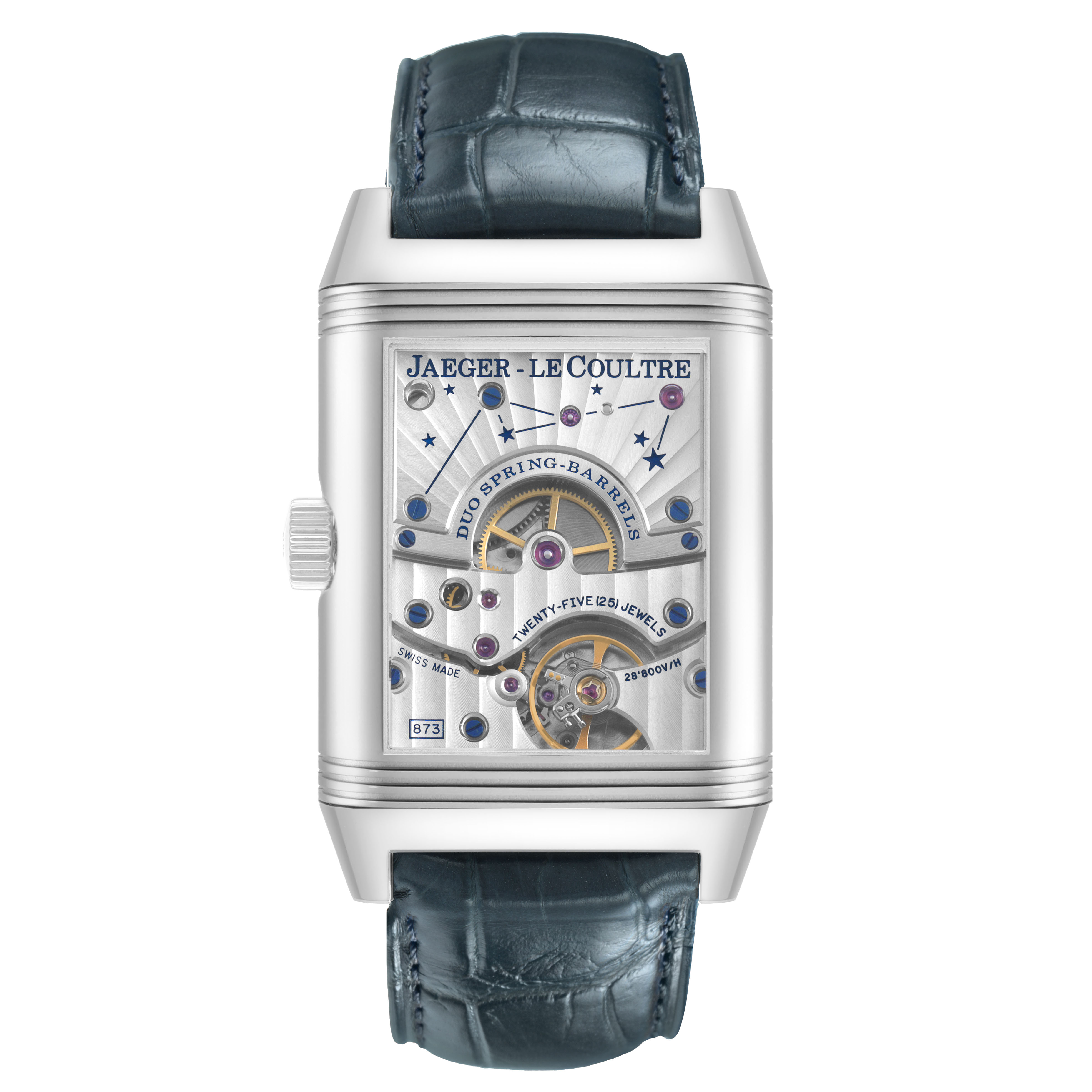 The Jaeger-LeCoultre Reverso watch is shown front-facing, highlighting its intricate mechanical movements and blue leather strap.