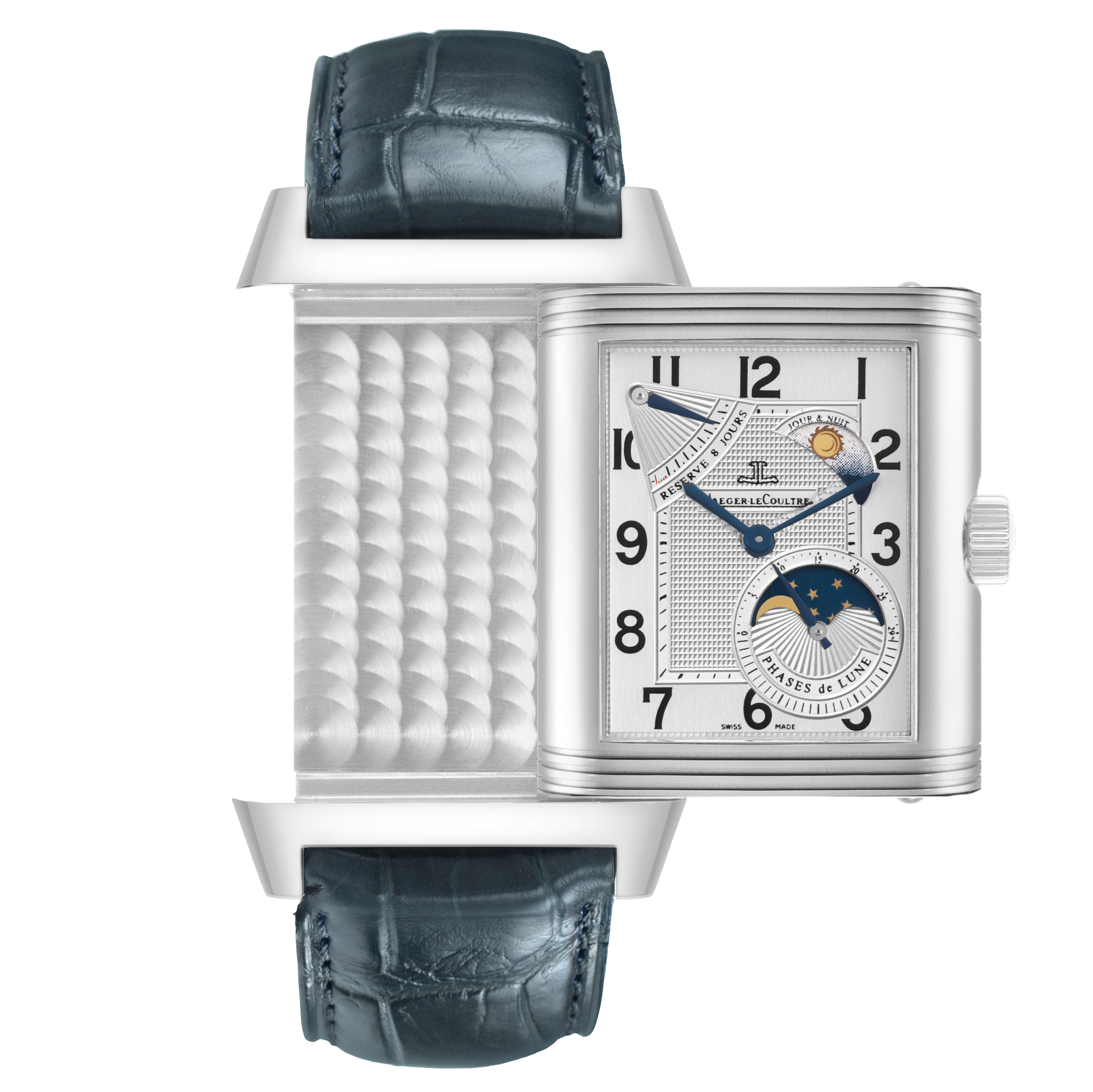 The image shows a Jaeger-LeCoultre Reverso watch with its case partially rotated, displaying both the front dial and the textured back.