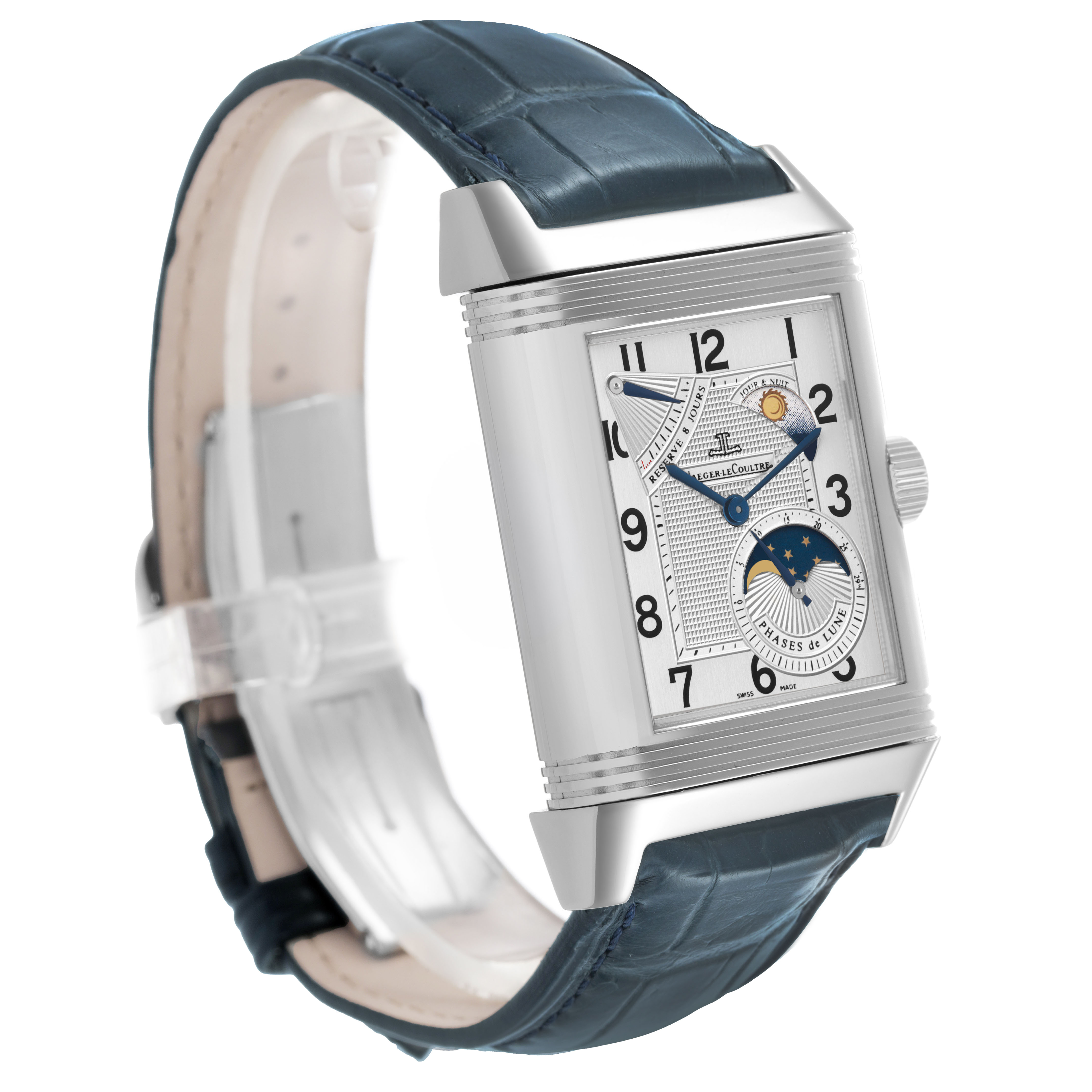 The Jaeger LeCoultre Reverso 240.8.27/Q3048420 Men's Stainless Steel Silver Dial watch is shown at a three-quarter angle, displaying the front face, strap, and crown.