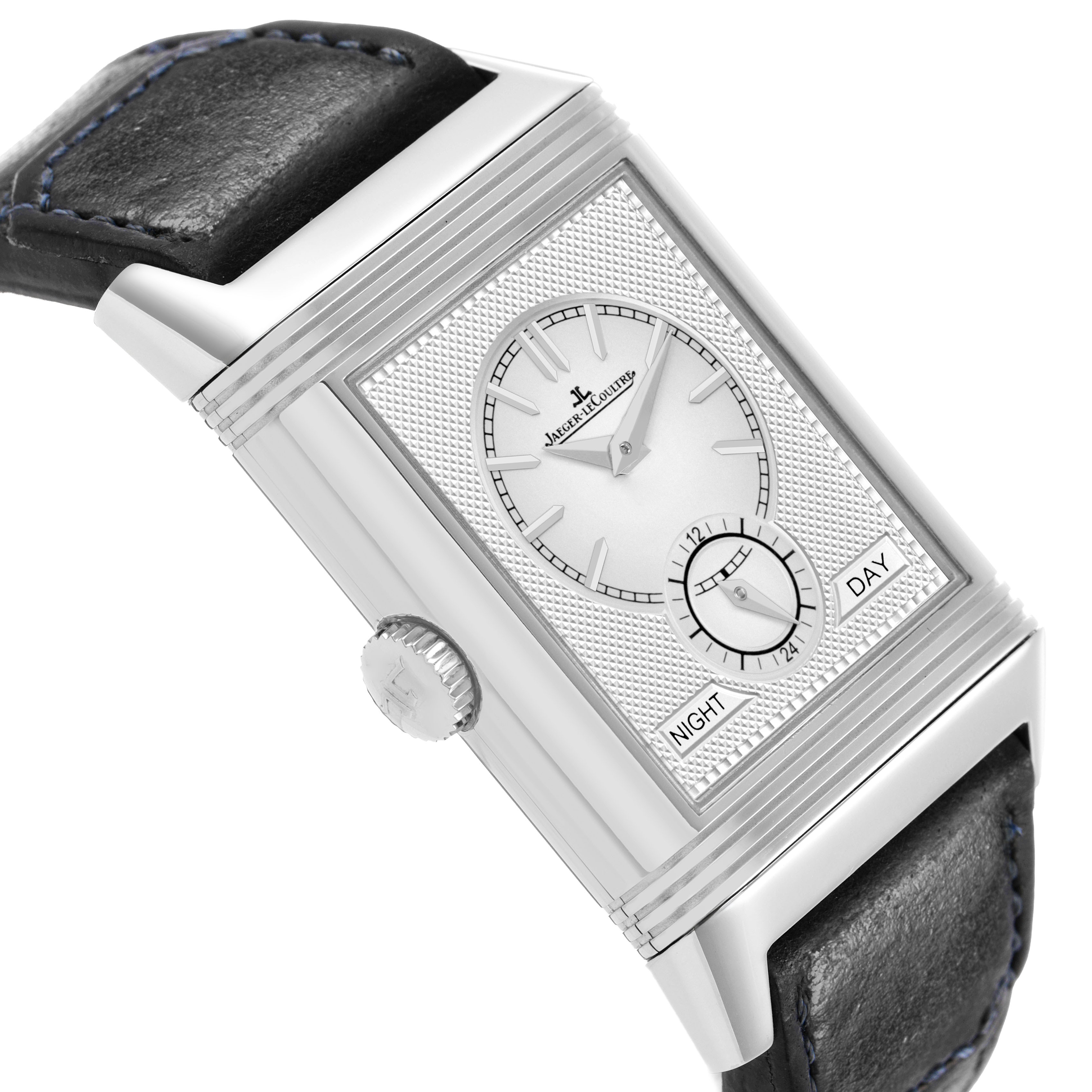 The Jaeger LeCoultre Reverso Q3988482/215.8.D4 Men's Stainless Steel Blue Dial watch is shown at an angled side view, highlighting the dial, crown, and leather strap.