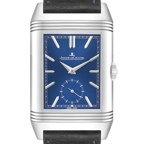 The Jaeger-LeCoultre Reverso model is shown from a front angle, highlighting its blue dial, rectangular case, and crown.