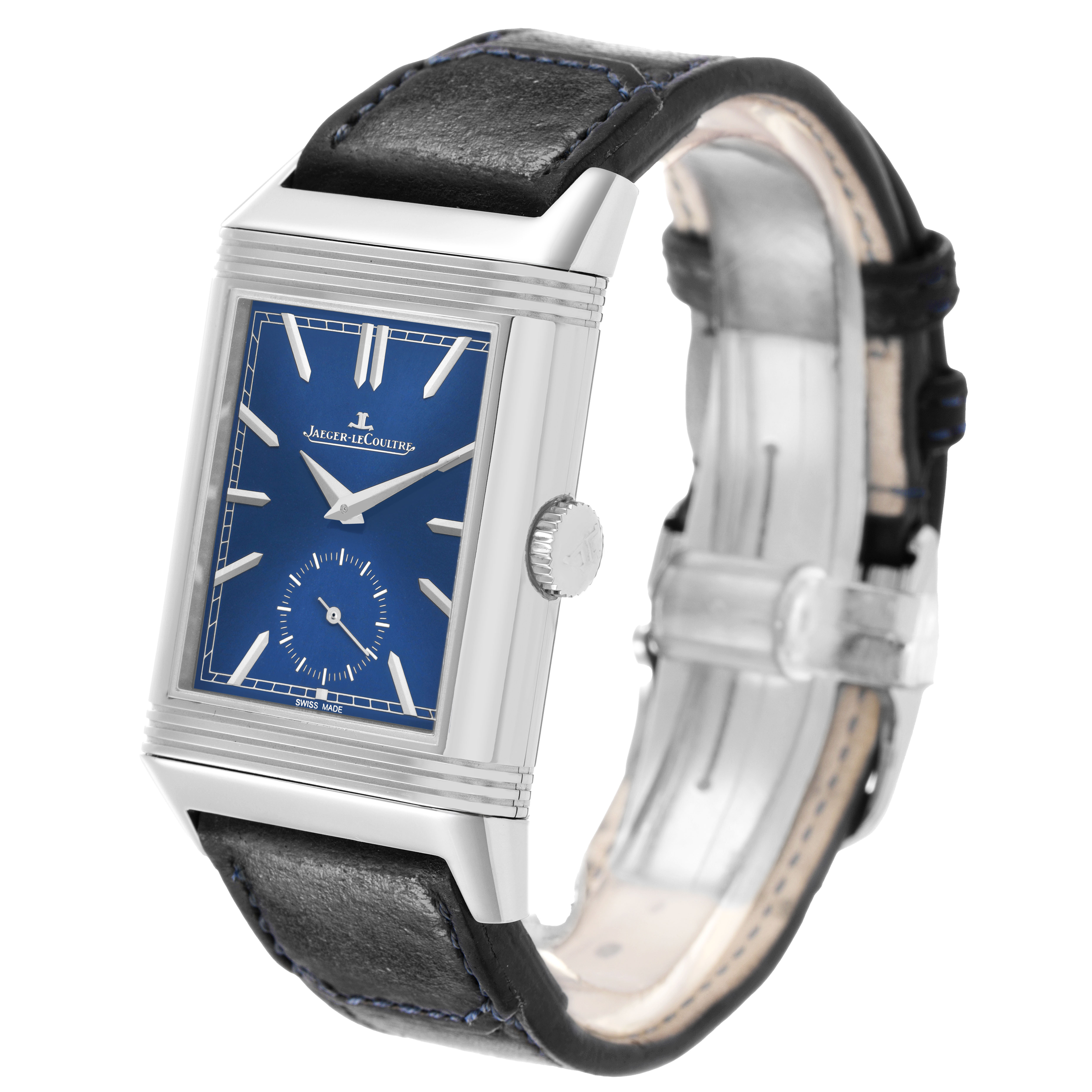 The Jaeger-LeCoultre Reverso watch is shown at an angled side view, displaying the face, crown, case, and leather strap.