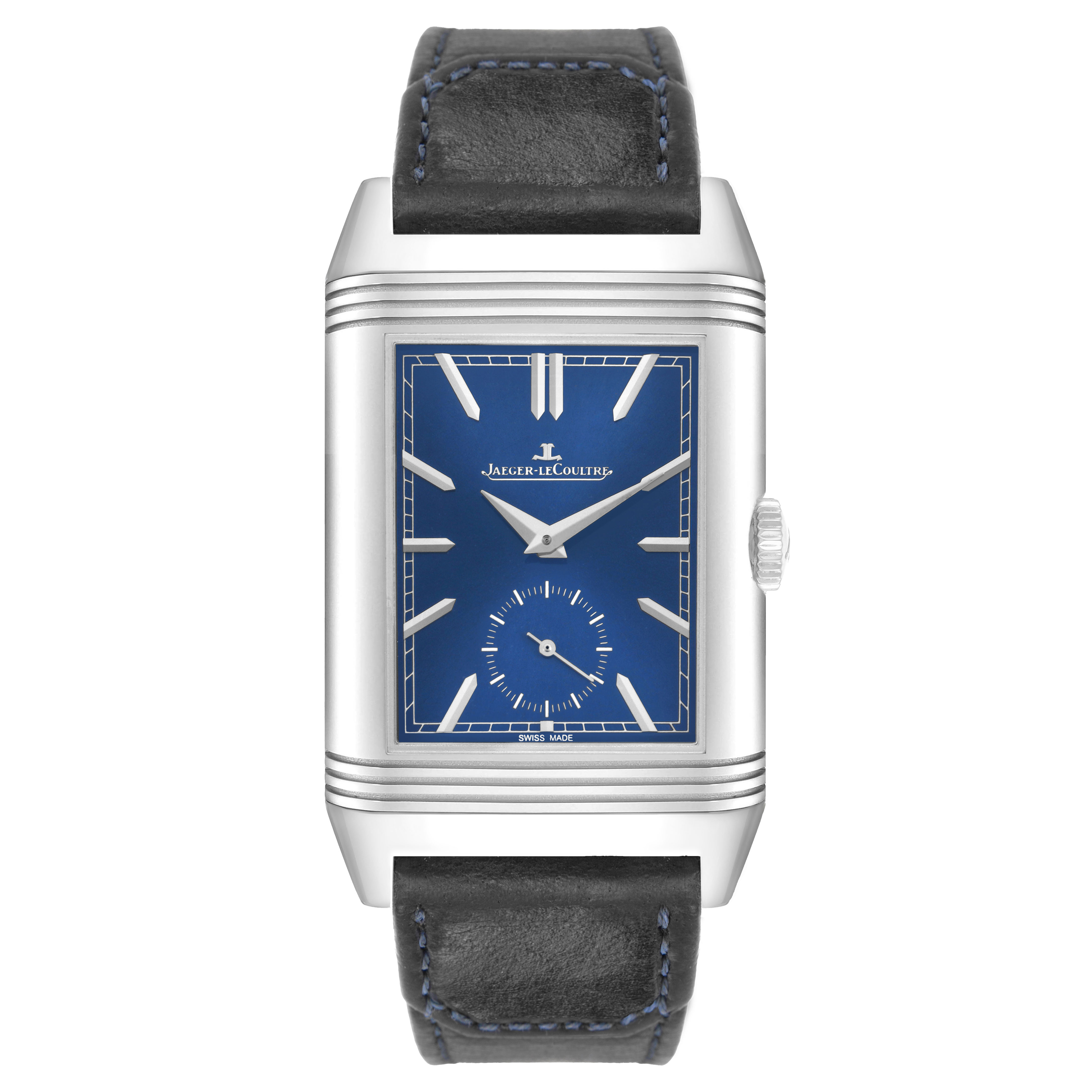 The Jaeger LeCoultre Reverso Q3988482/215.8.D4 Men's Stainless Steel Blue Dial watch is shown from a front angle, highlighting the blue dial and black leather strap.
