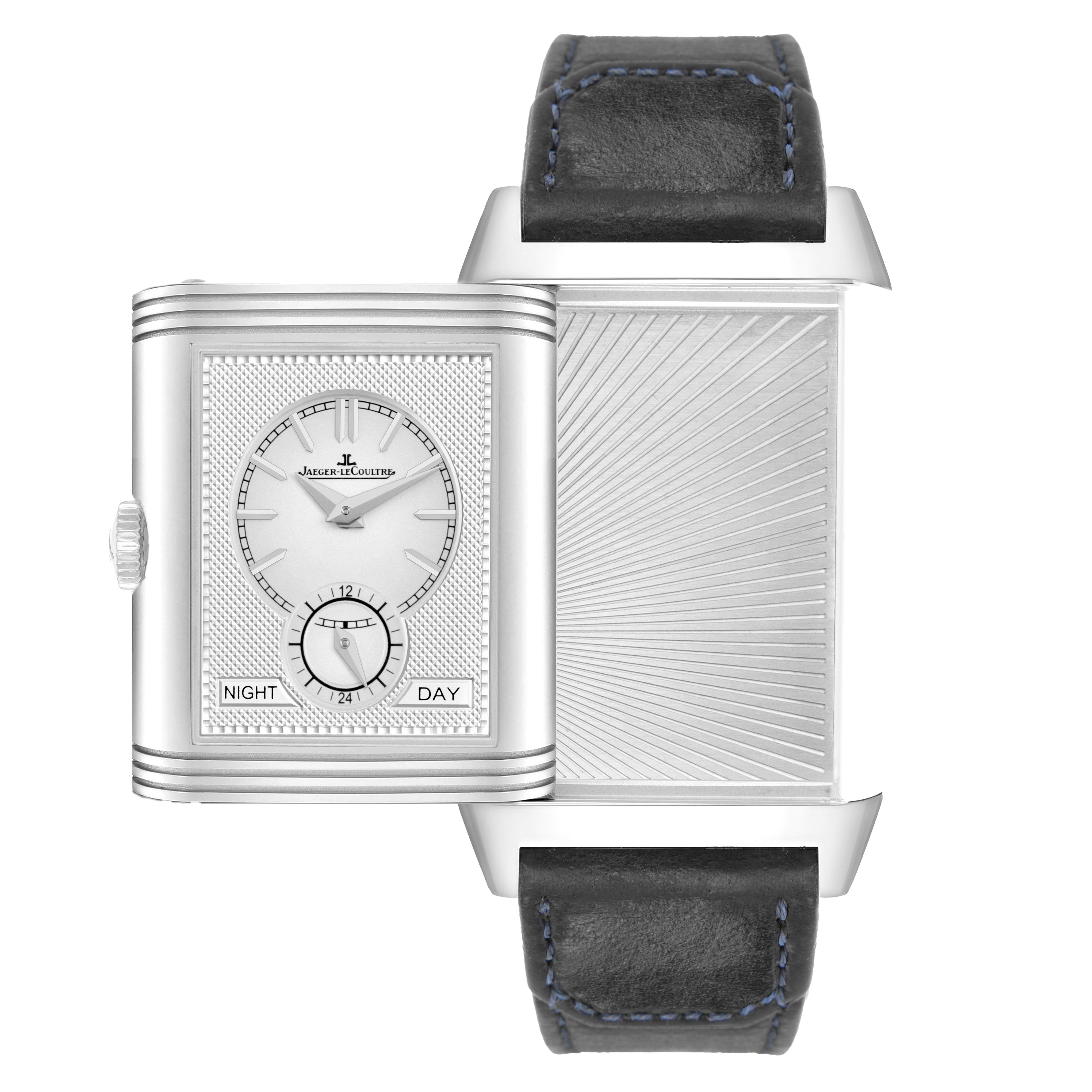 The Jaeger-LeCoultre Reverso watch is shown with one side displaying the face and the other a decorative back panel.