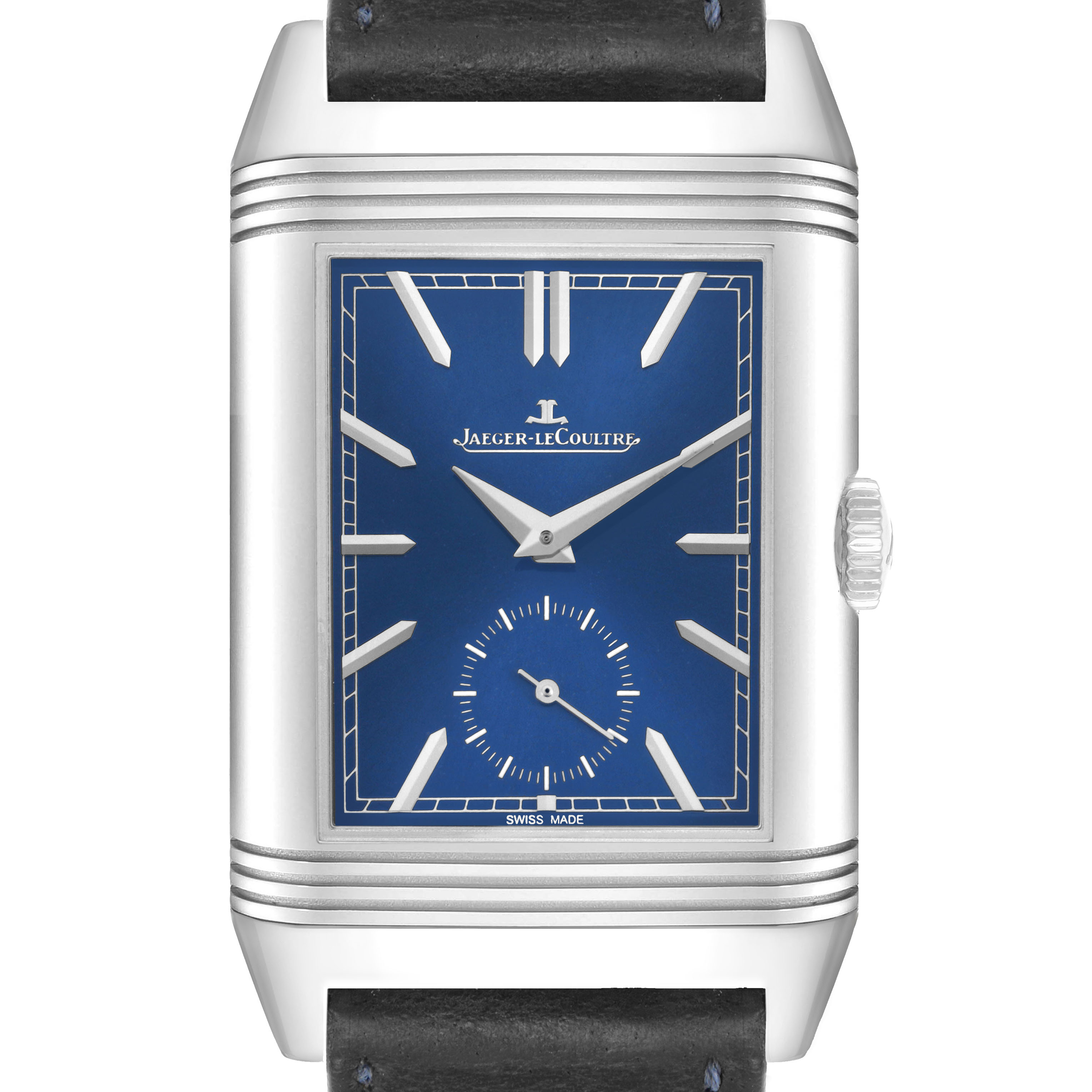 The image shows a front view of a Jaeger LeCoultre Reverso Q3988482/215.8.D4 Men's Stainless Steel Blue Dial watch, highlighting the blue dial and silver case.
