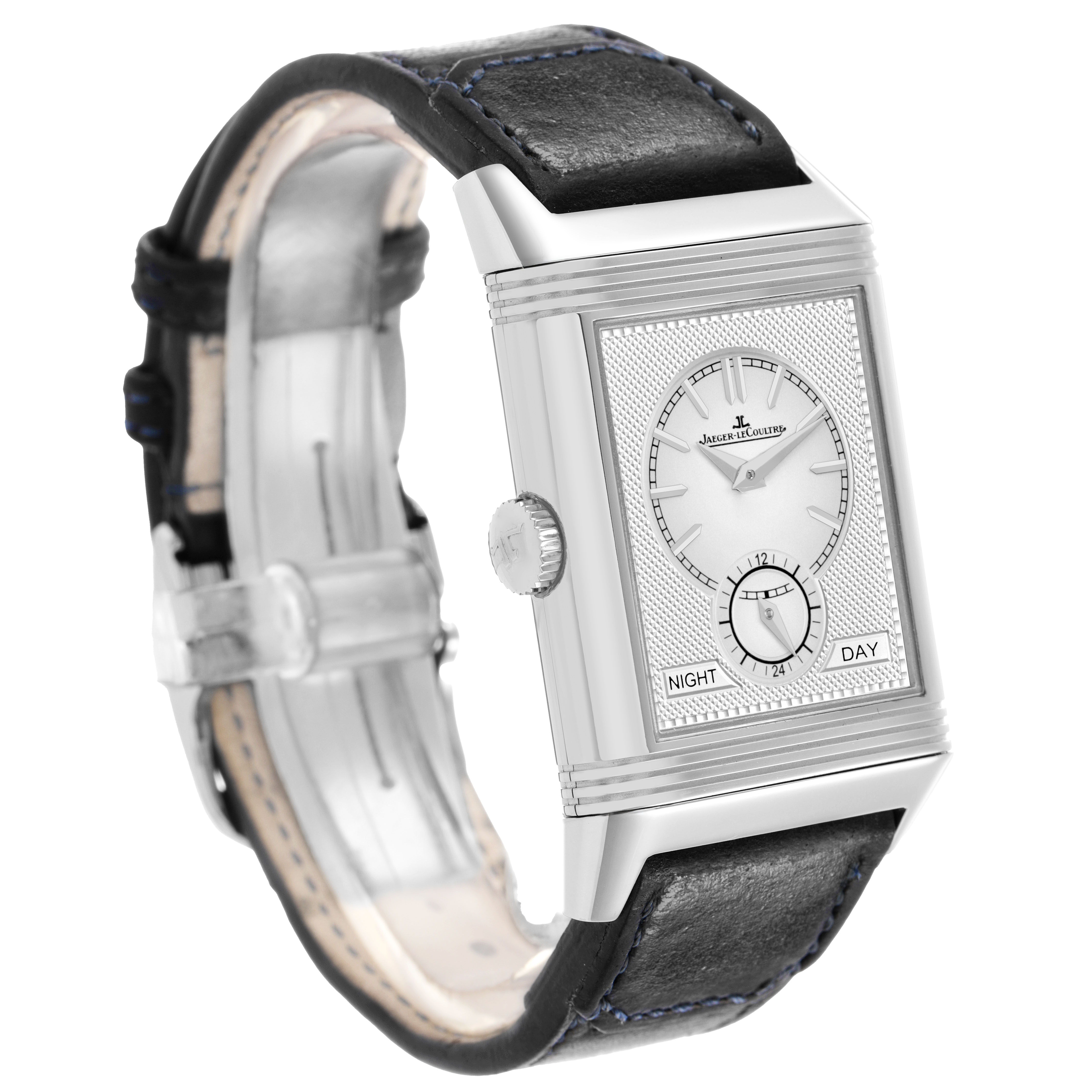 The Jaeger-LeCoultre Reverso watch is shown at an angled view, displaying the dial, case, and leather strap prominently.