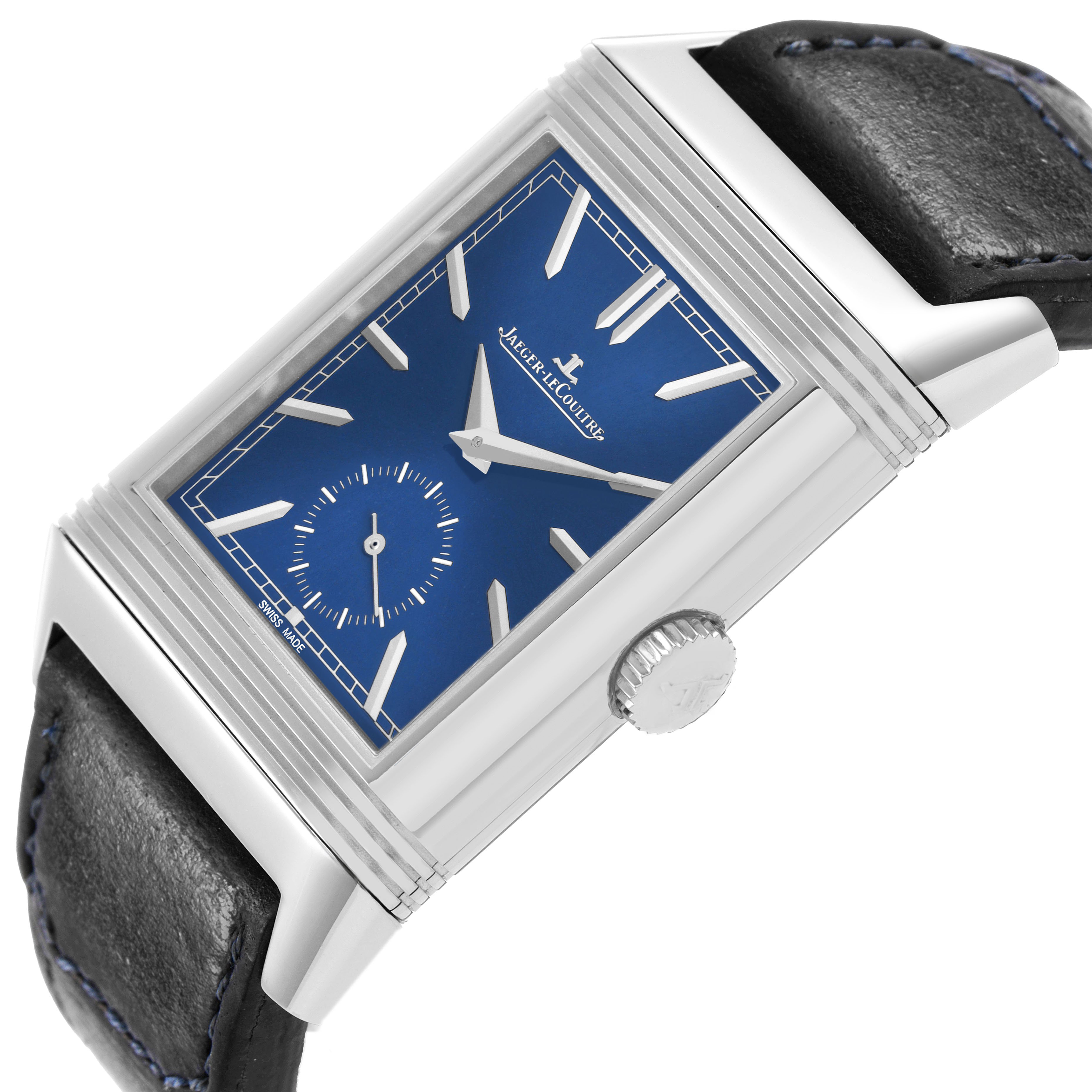 The Jaeger LeCoultre Reverso Q3988482/215.8.D4 Men's Stainless Steel Blue Dial watch is shown at a slight angle, highlighting the blue dial, side crown, and leather strap.