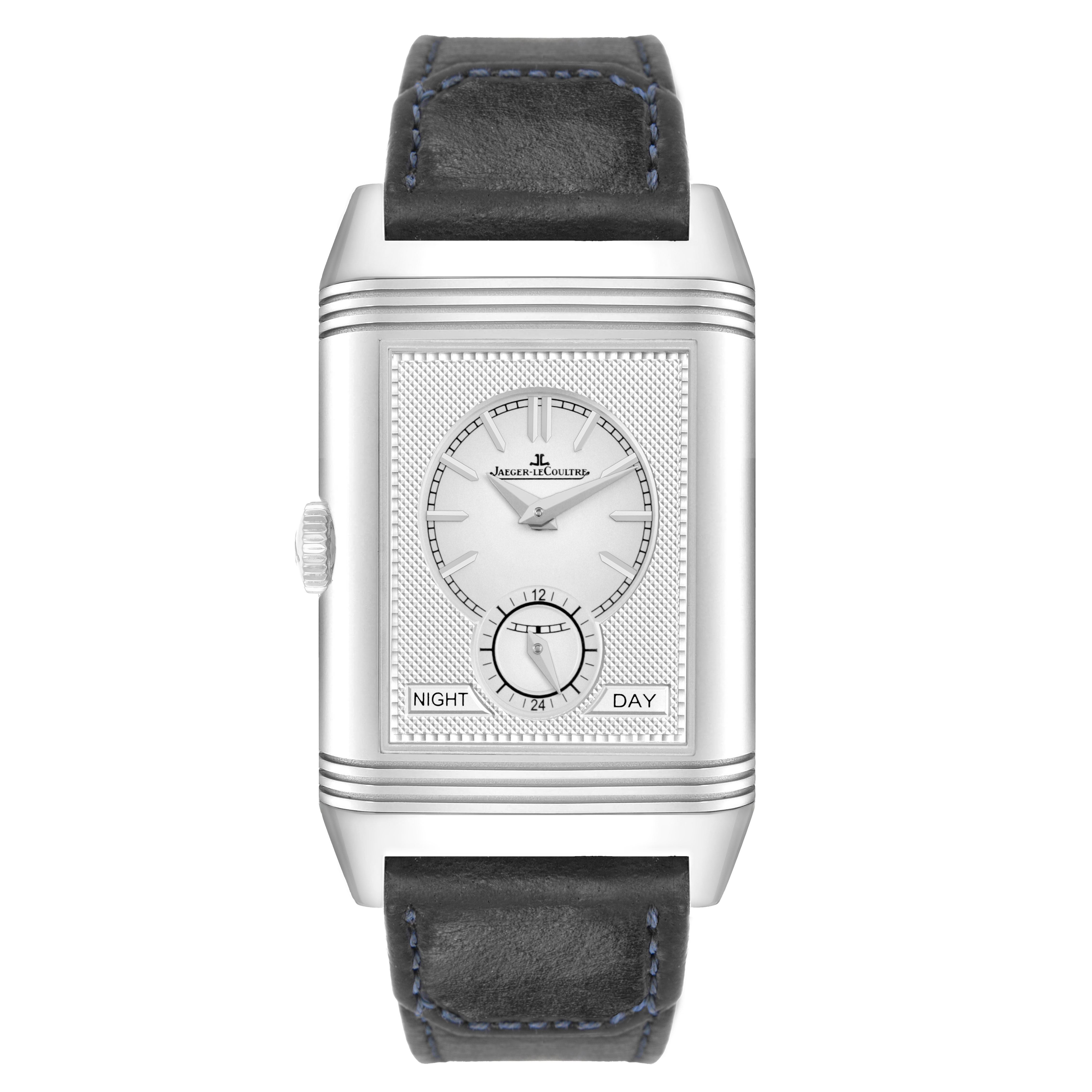 The Jaeger LeCoultre Reverso Q3988482/215.8.D4 Men's Stainless Steel Blue Dial watch is shown from a front angle, highlighting the dial, case, and leather strap.