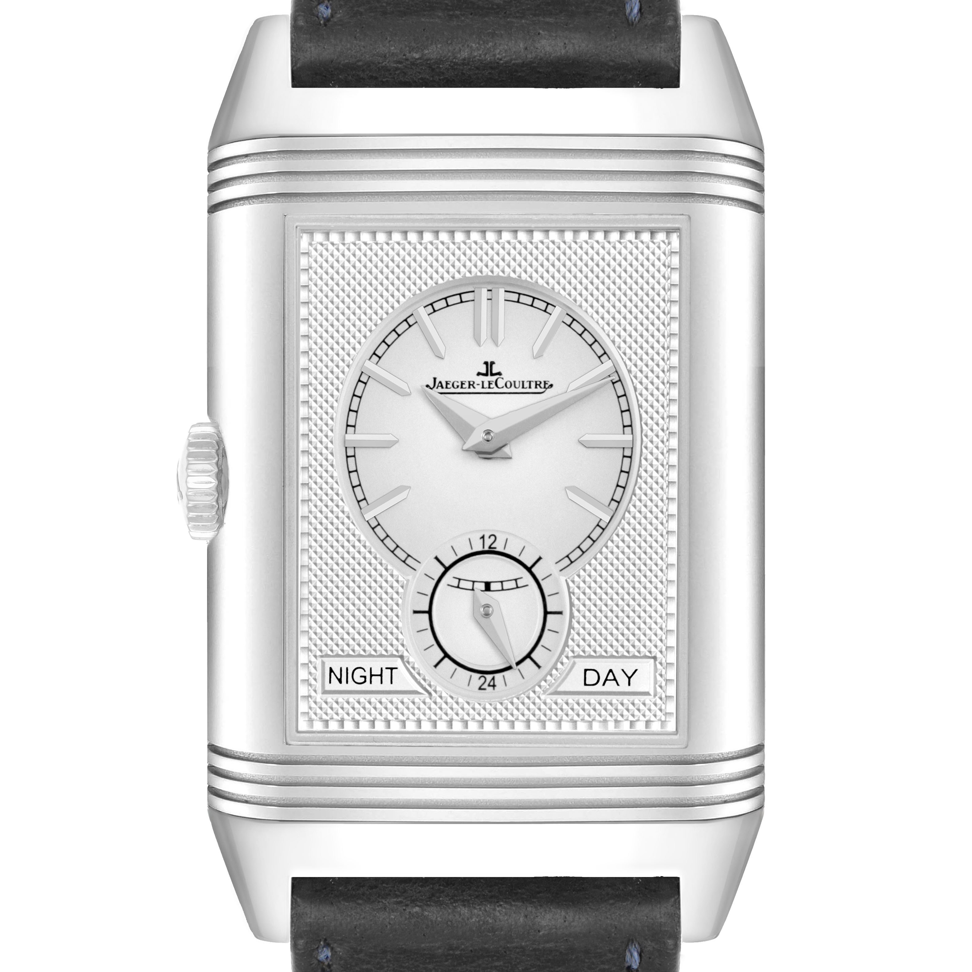 The Jaeger-LeCoultre Reverso watch is shown from the front, displaying its face, strap, and crown.