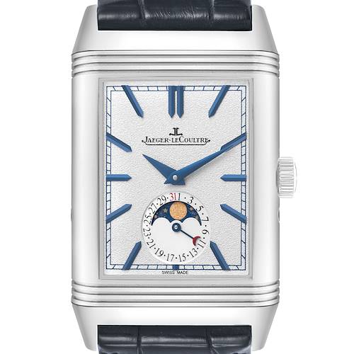 This front view of the Jaeger LeCoultre Reverso Q3958420 Men's Stainless Steel Silver Dial shows the dial, moon phase, date subdial, and crown.