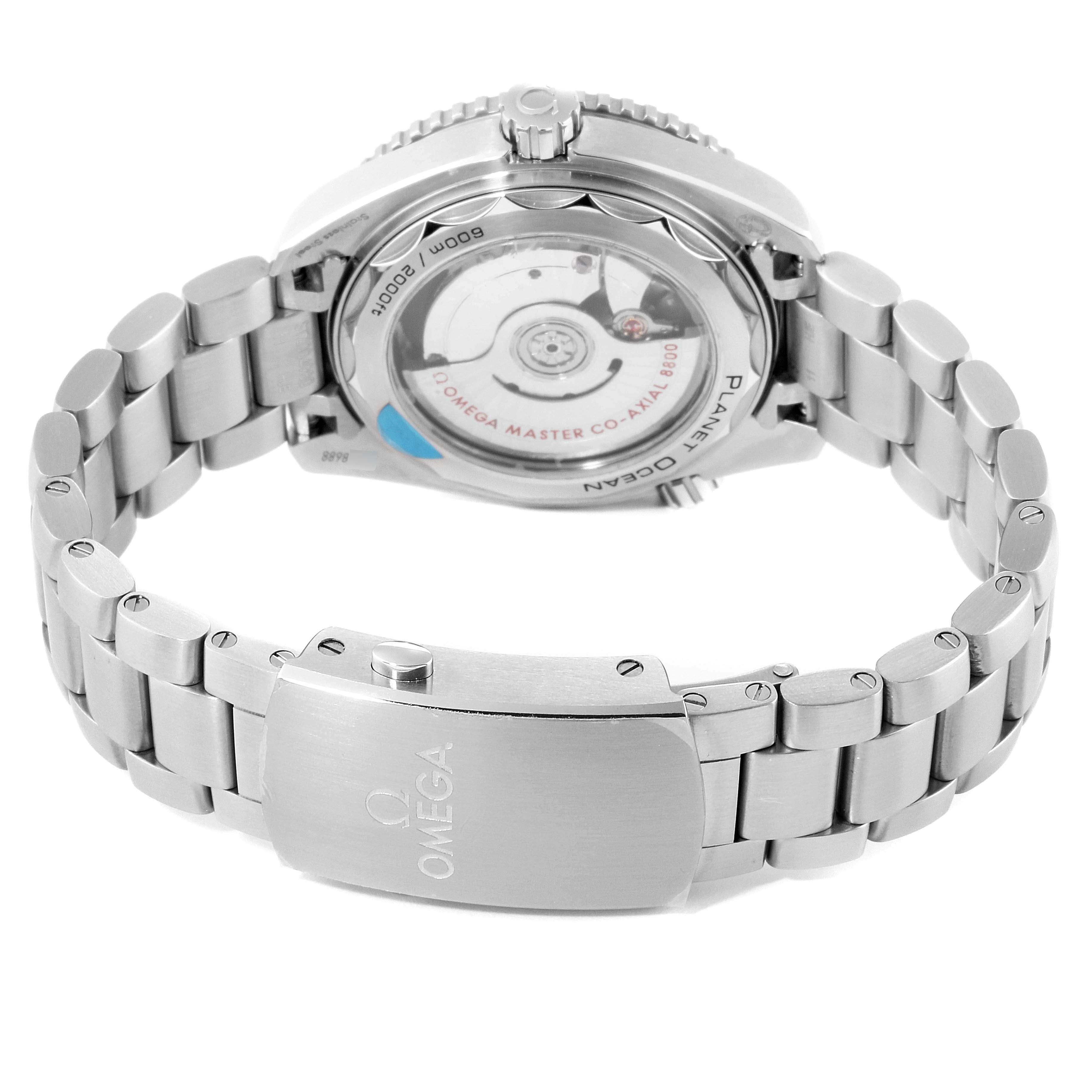 The image shows the back view of the Omega Planet Ocean 215.30.40.20.03.001 Men
s Stainless Steel Blue Dial 215.30.40.20.03.001 Men
s Stainless Steel Blue Dial watch, displaying the case back and part of the bracelet.