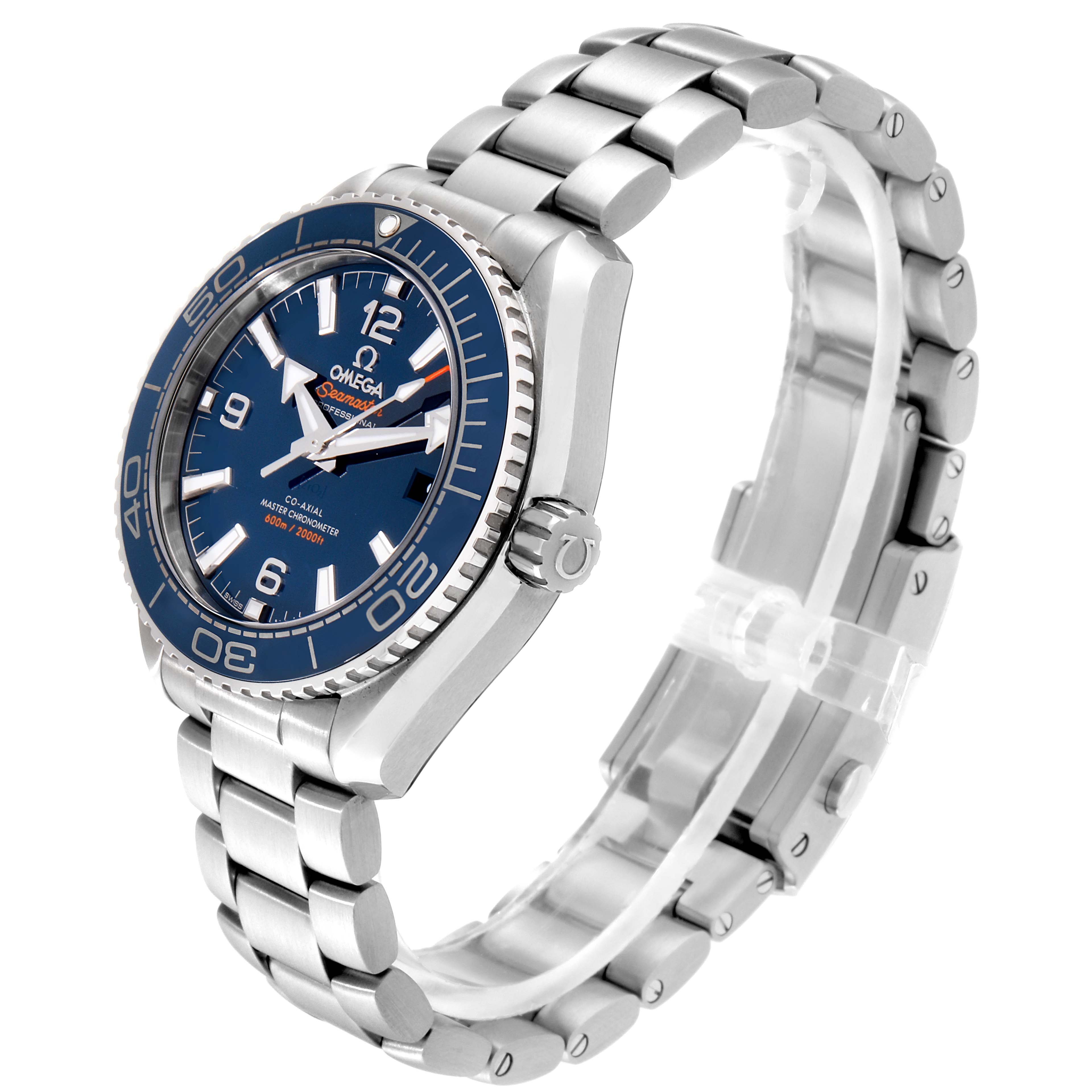 The Omega Planet Ocean 215.30.40.20.03.001 Men
s Stainless Steel Blue Dial 215.30.40.20.03.001 Men
s Stainless Steel Blue Dial watch is shown at a three-quarter angle, highlighting the watch face, bezel, and metal bracelet.