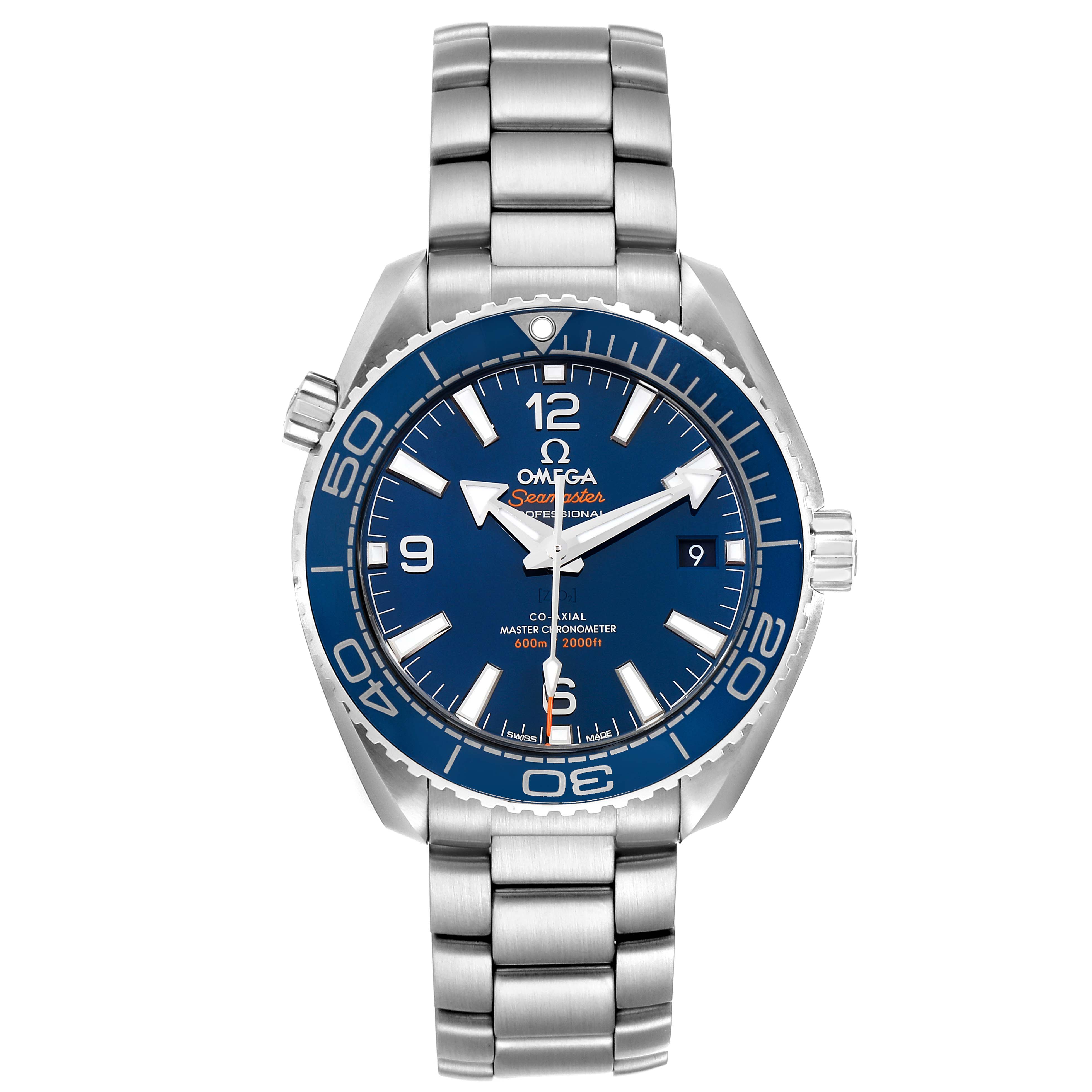 The Omega Planet Ocean 215.30.40.20.03.001 Men
s Stainless Steel Blue Dial 215.30.40.20.03.001 Men
s Stainless Steel Blue Dial watch is shown from a front view, highlighting the face, bezel, and metal bracelet.