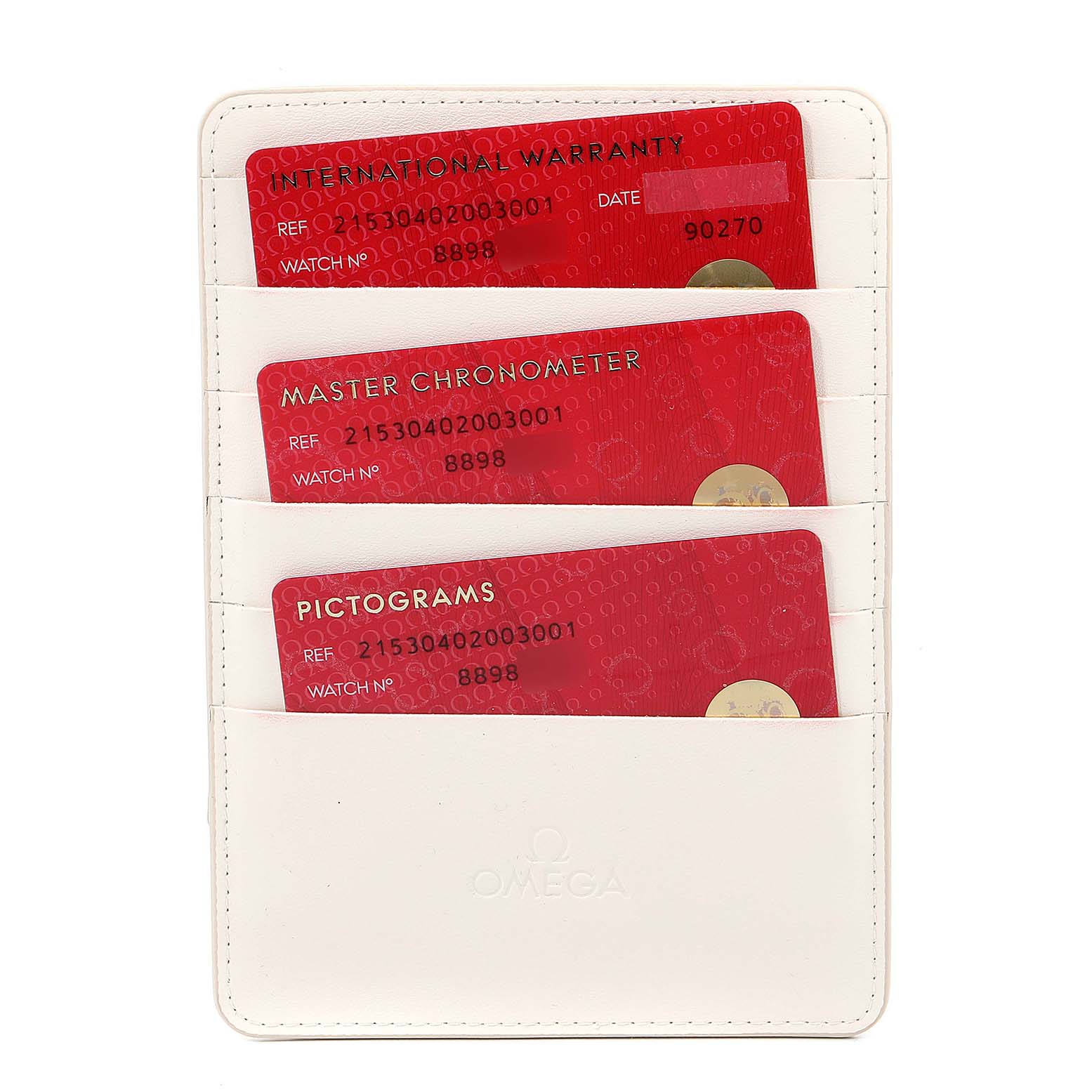 The image shows warranty and certification cards for the Omega Planet Ocean 215.30.40.20.03.001 Men
s Stainless Steel Blue Dial 215.30.40.20.03.001 Men
s Stainless Steel Blue Dial model in a white cardholder.