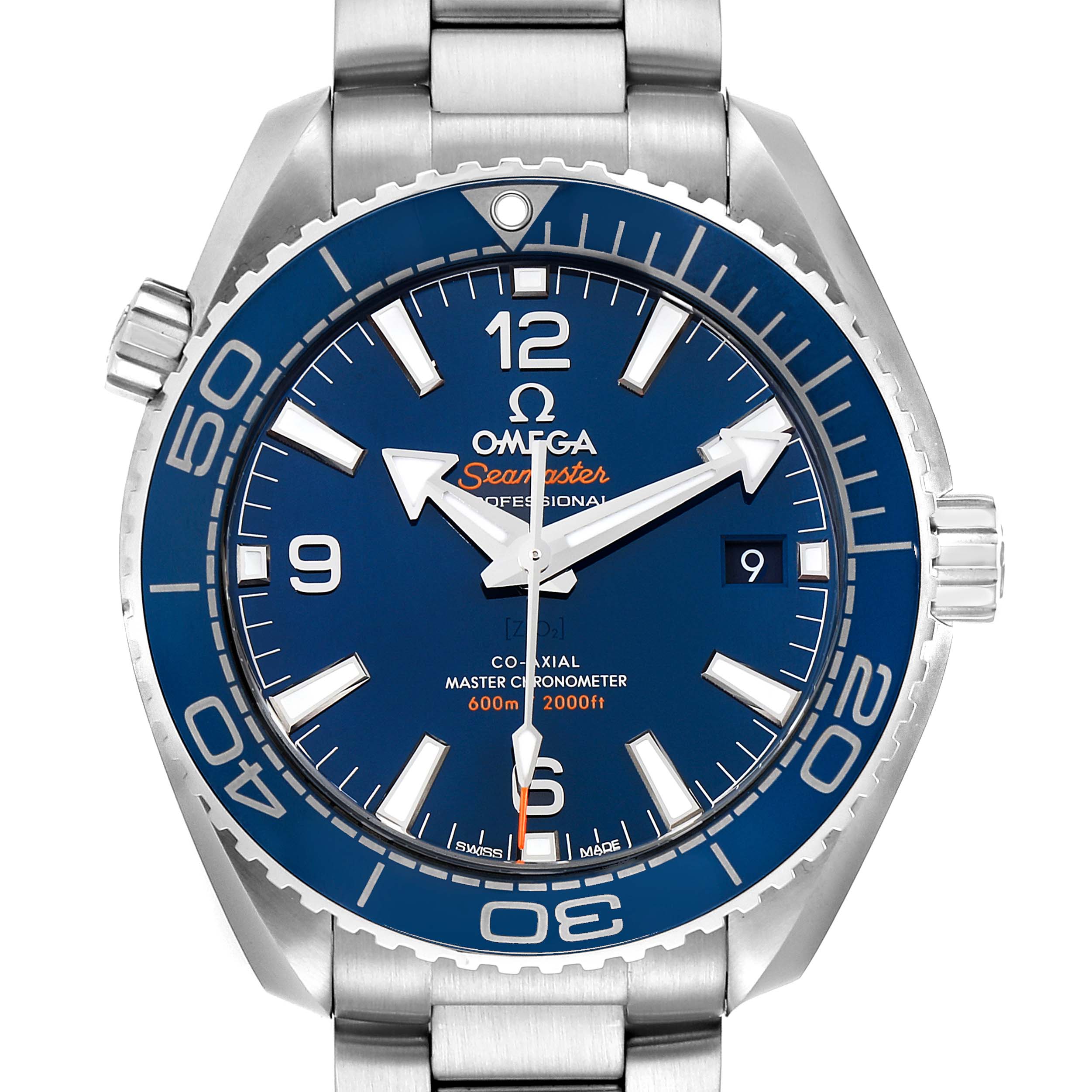 This image shows a front view of the Omega Planet Ocean 215.30.40.20.03.001 Men
s Stainless Steel Blue Dial 215.30.40.20.03.001 Men
s Stainless Steel Blue Dial watch, displaying the dial, bezel, crown, and part of the bracelet.