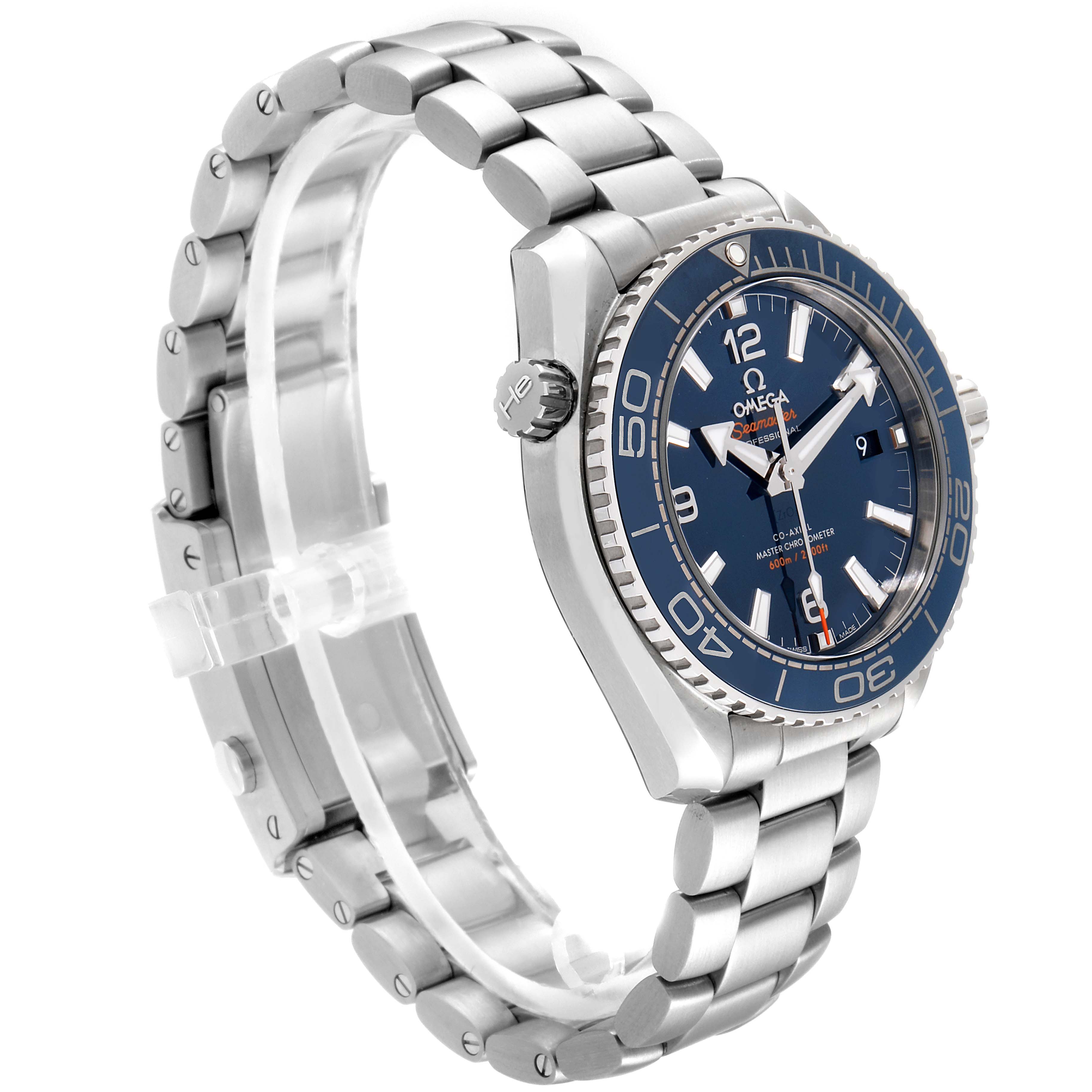 This image shows an Omega Planet Ocean 215.30.40.20.03.001 Men
s Stainless Steel Blue Dial 215.30.40.20.03.001 Men
s Stainless Steel Blue Dial watch at a slight angle, highlighting its blue dial, bezel, crown, and stainless steel bracelet.