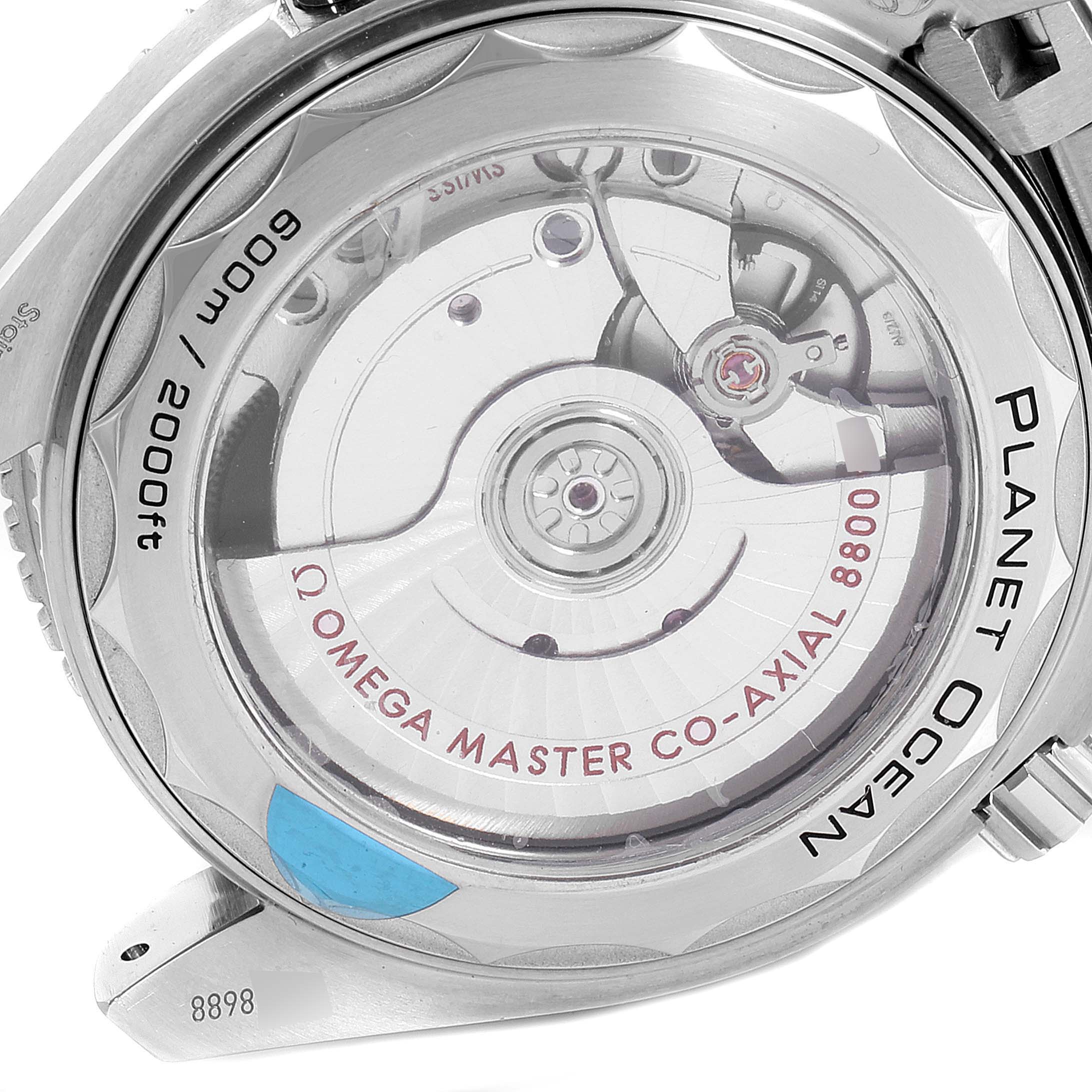 This image shows the case back of an Omega Planet Ocean 215.30.40.20.03.001 Men
s Stainless Steel Blue Dial 215.30.40.20.03.001 Men
s Stainless Steel Blue Dial watch, highlighting the movement and water resistance markings.