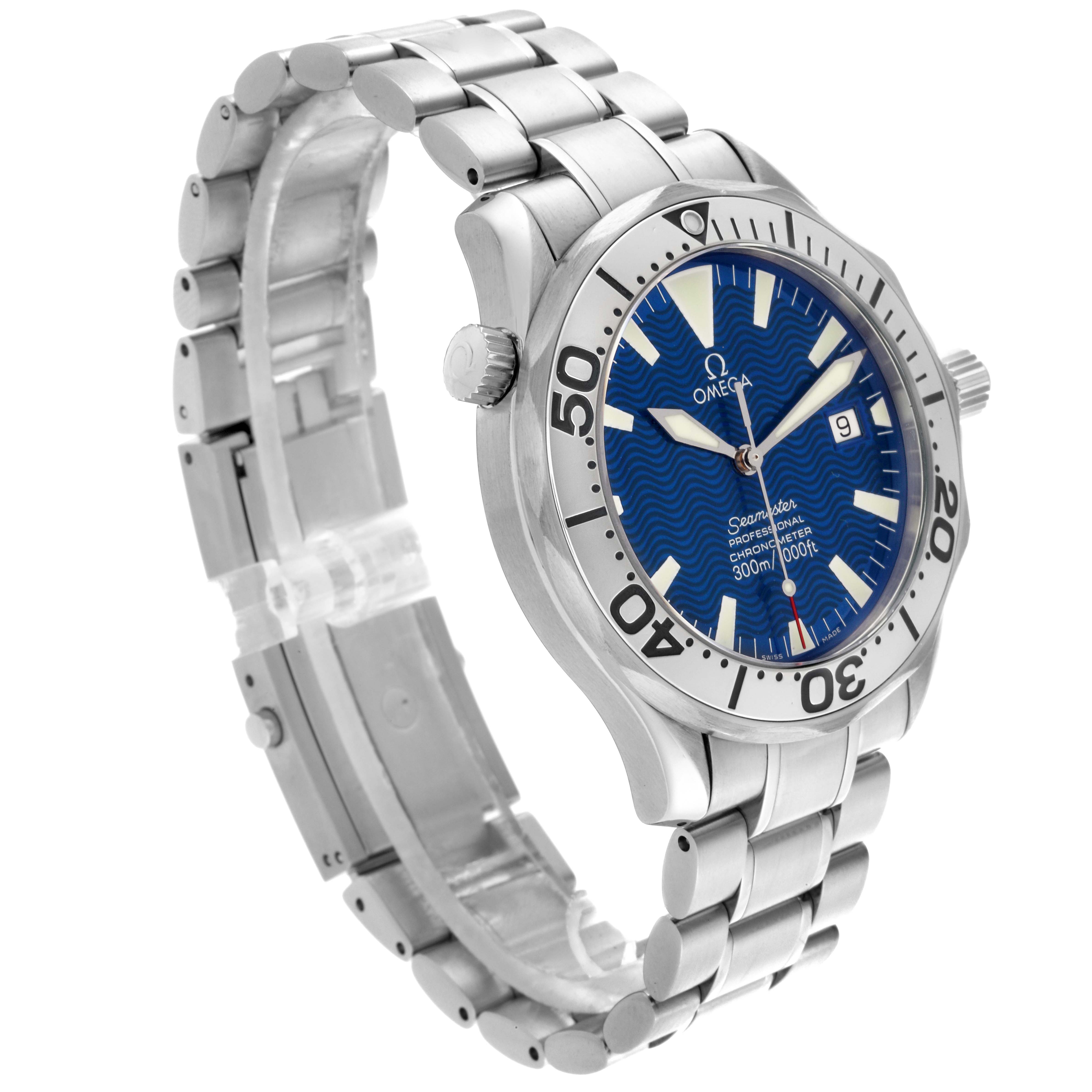 The Omega Seamaster 2255.80.00 Men
s Stainless Steel Blue Dial 2255.80.00 Men
s Stainless Steel Blue Dial watch is shown at a slight angle, displaying the blue dial, bezel, crown, and metal bracelet.