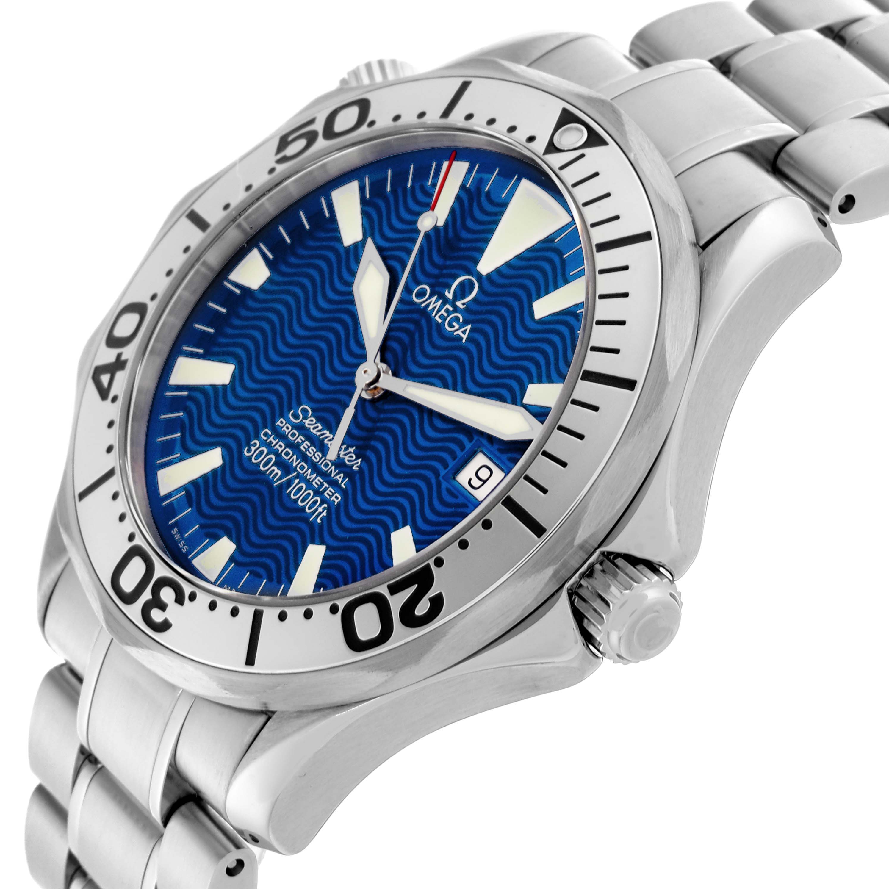 The Omega Seamaster 2255.80.00 Men
s Stainless Steel Blue Dial 2255.80.00 Men
s Stainless Steel Blue Dial watch is shown at an angle displaying the face, bezel, crown, and part of the bracelet.