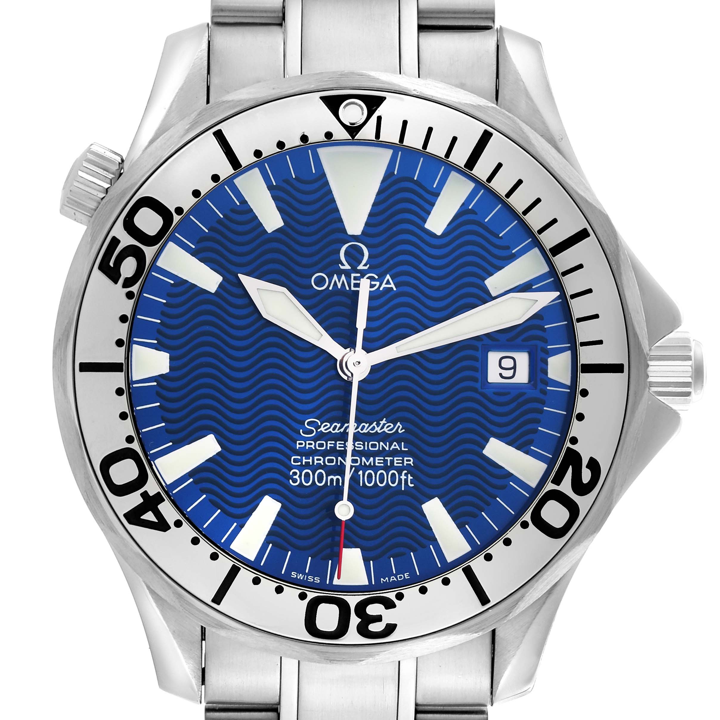 The Omega Seamaster 2255.80.00 Men
s Stainless Steel Blue Dial 2255.80.00 Men
s Stainless Steel Blue Dial watch is shown from a front angle, highlighting the bezel, dial, crown, and bracelet parts.