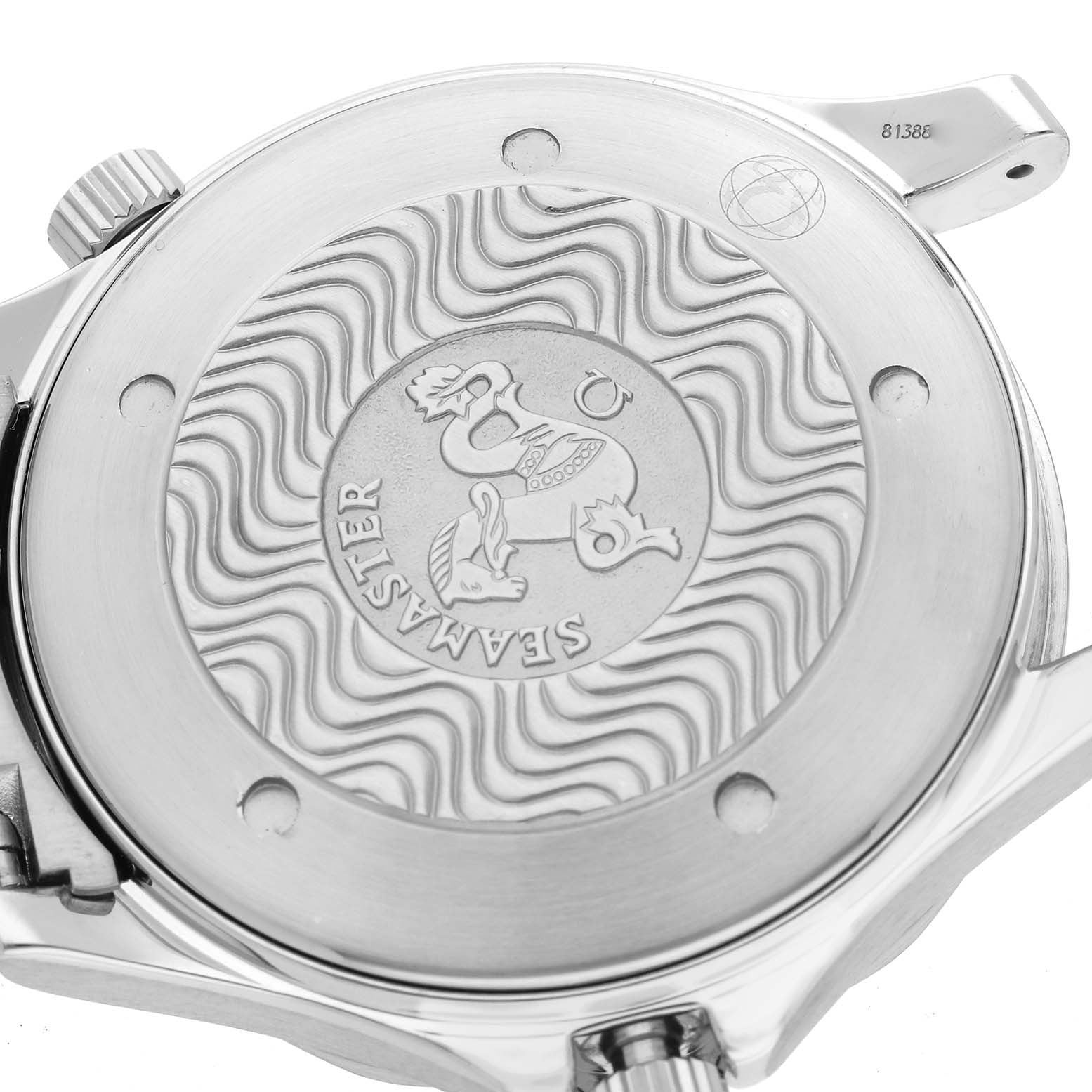 The image shows the back case of the Omega Seamaster 2255.80.00 Men
s Stainless Steel Blue Dial 2255.80.00 Men
s Stainless Steel Blue Dial watch, featuring an engraved design and brand logo.