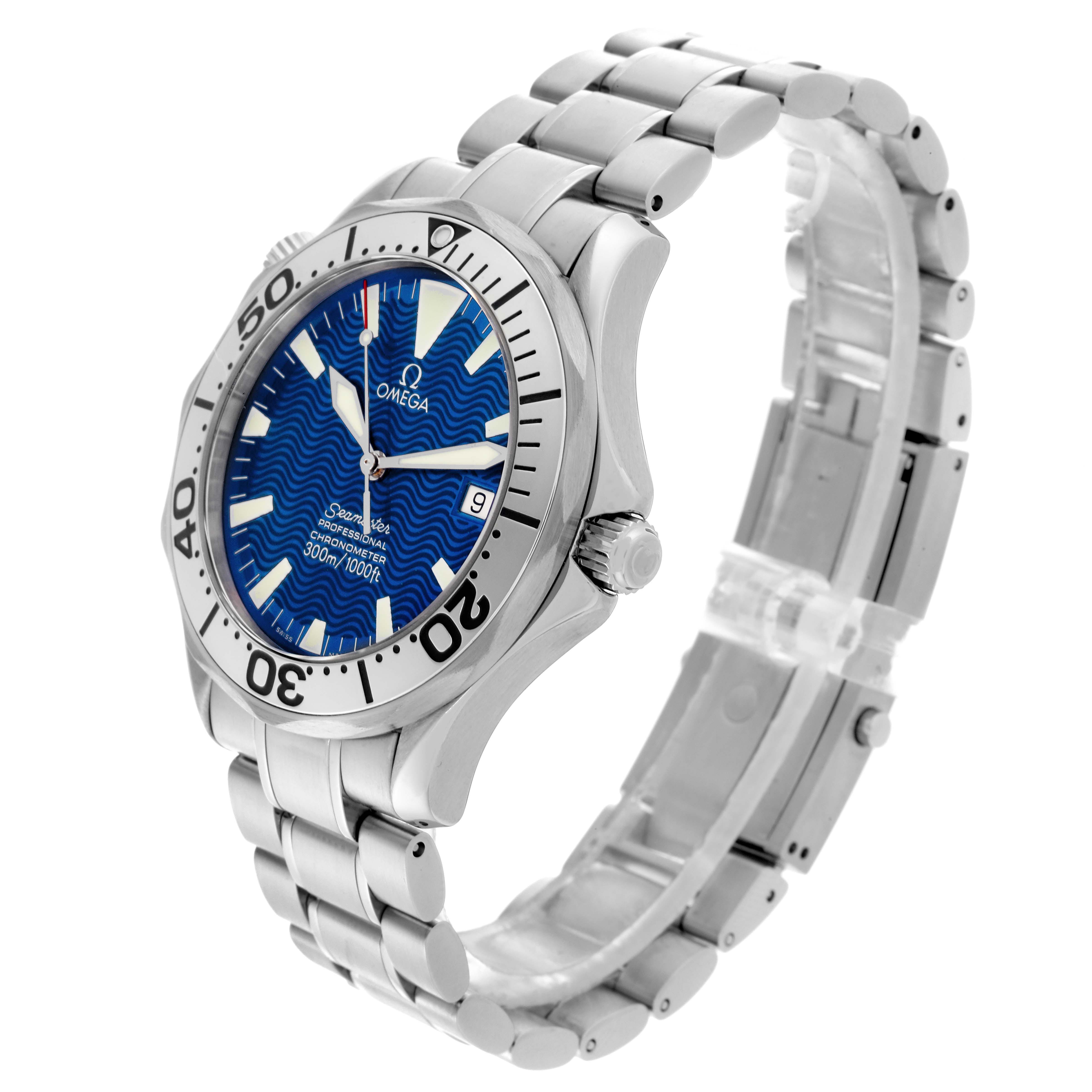 The Omega Seamaster 2255.80.00 Men
s Stainless Steel Blue Dial 2255.80.00 Men
s Stainless Steel Blue Dial watch is shown at a slight angle, displaying the face, bezel, bracelet, and crown.