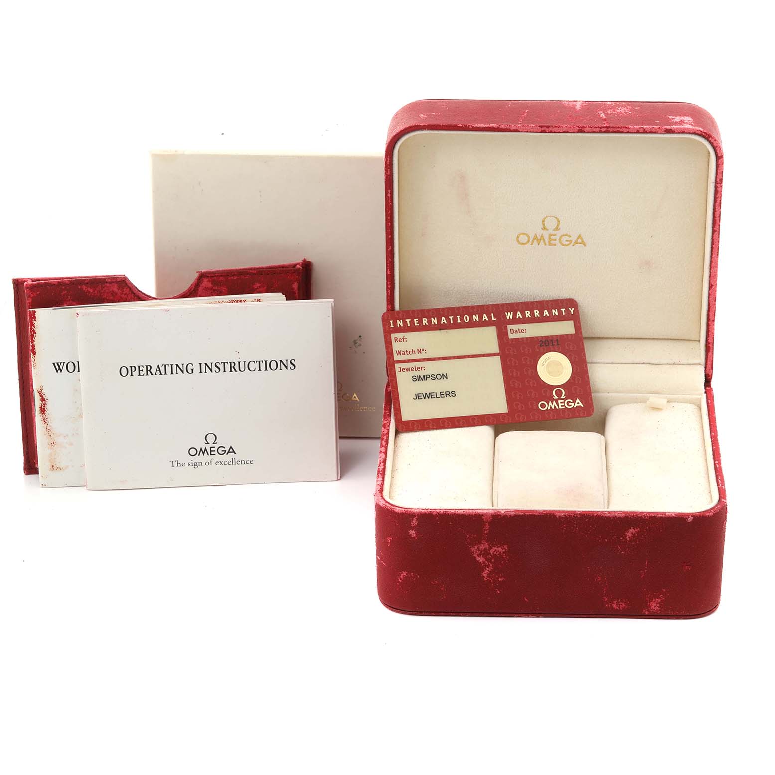 The image shows an Omega Seamaster 2255.80.00 Men
s Stainless Steel Blue Dial 2255.80.00 Men
s Stainless Steel Blue Dial watch box, operating instructions, and an international warranty card.