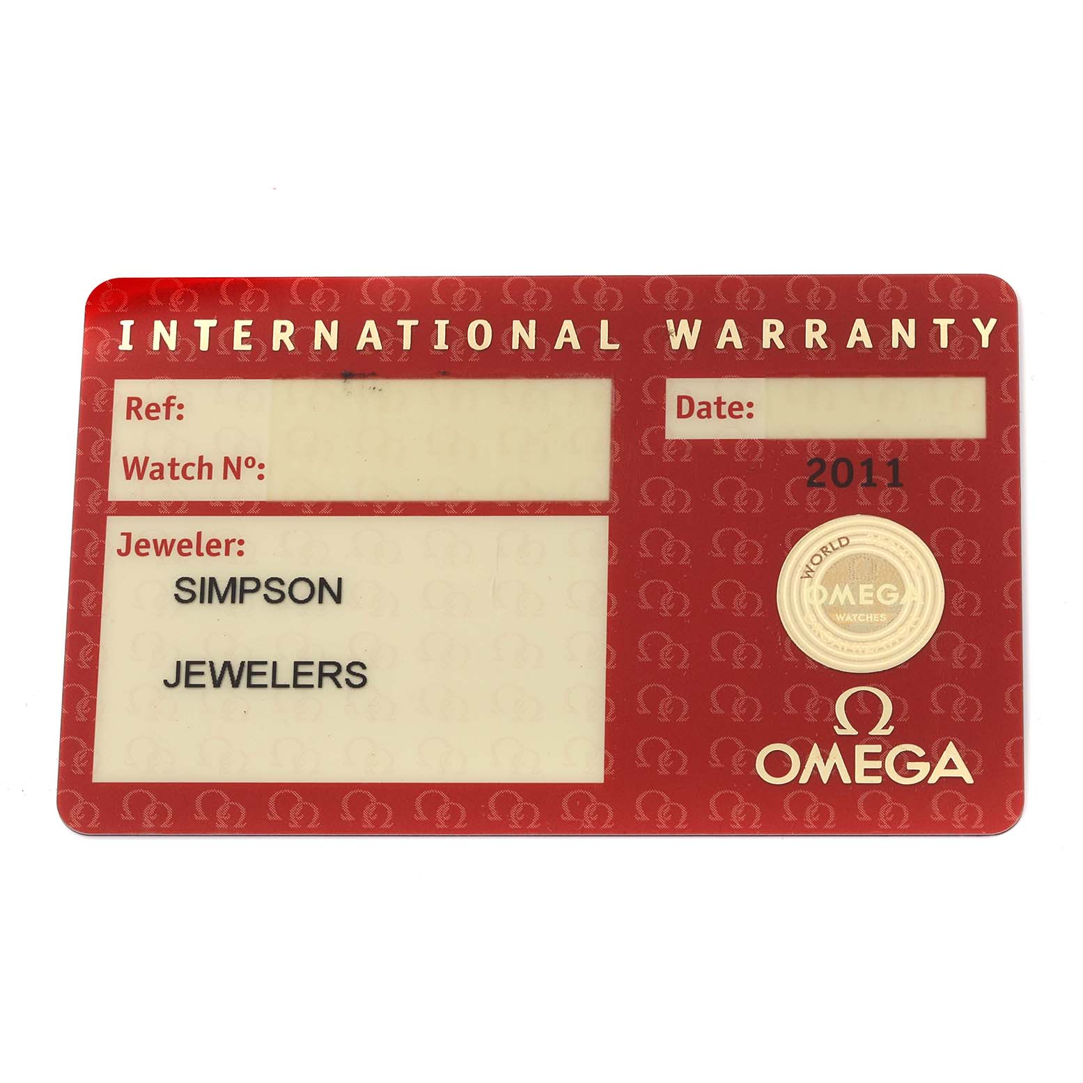 This shows the international warranty card for an Omega Seamaster 2255.80.00 Men
s Stainless Steel Blue Dial 2255.80.00 Men
s Stainless Steel Blue Dial watch.