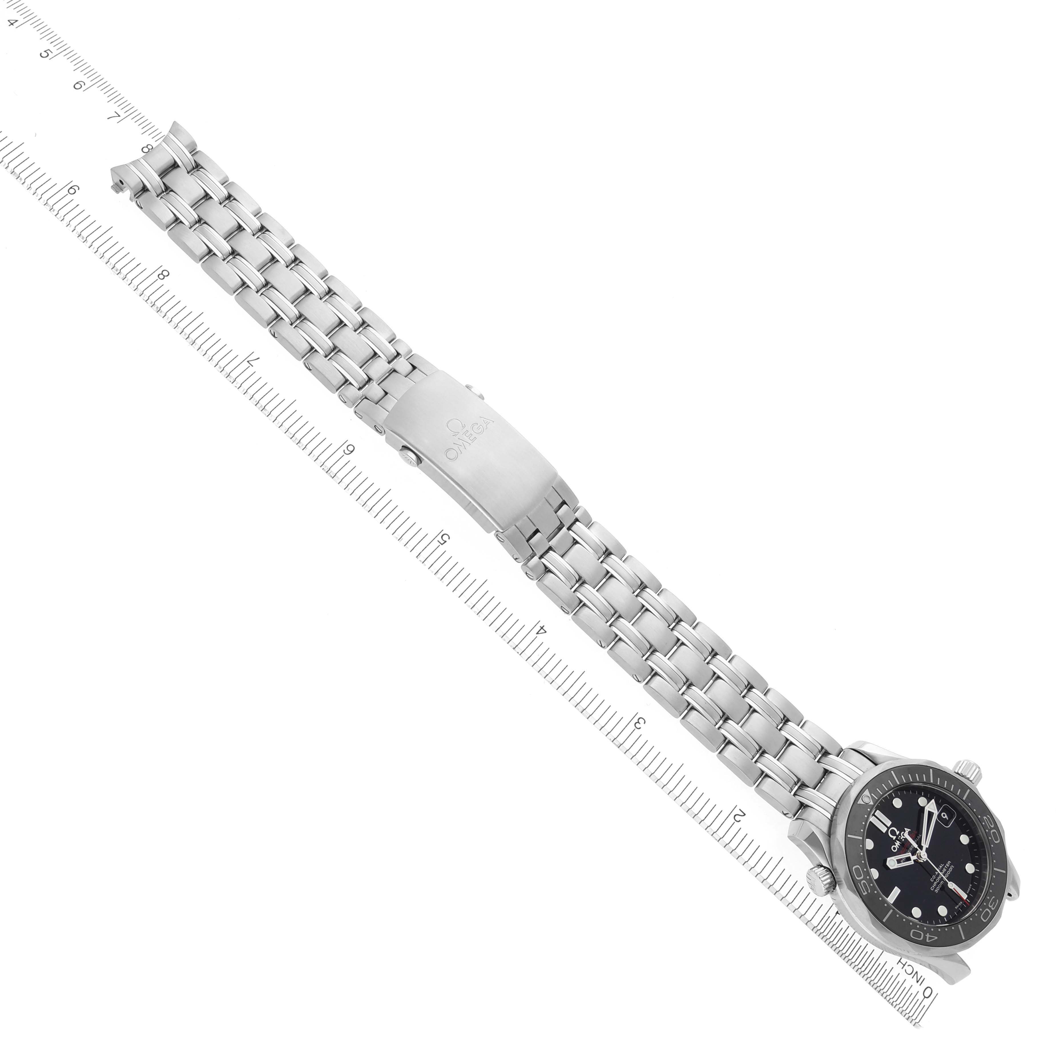 The Omega Seamaster 212.30.36.20.01.002 Men
s Stainless Steel Black Dial 212.30.36.20.01.002 Men
s Stainless Steel Black Dial watch is shown from a top-down angle, highlighting the face, bracelet, and clasp.