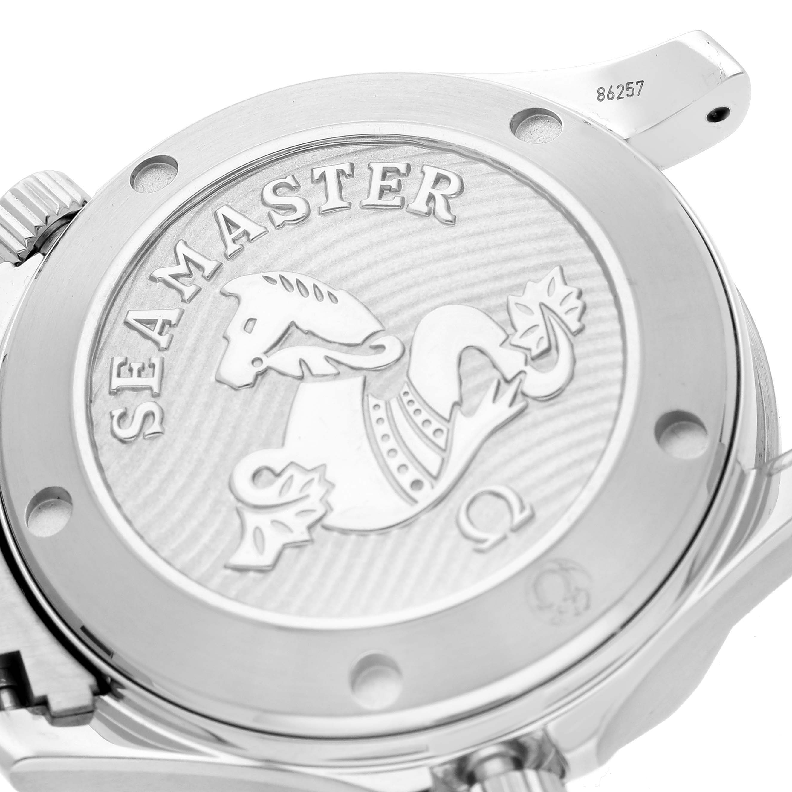 This image shows the back of an Omega Seamaster 212.30.36.20.01.002 Men
s Stainless Steel Black Dial 212.30.36.20.01.002 Men
s Stainless Steel Black Dial watch, featuring the engraved logo and part of the case.