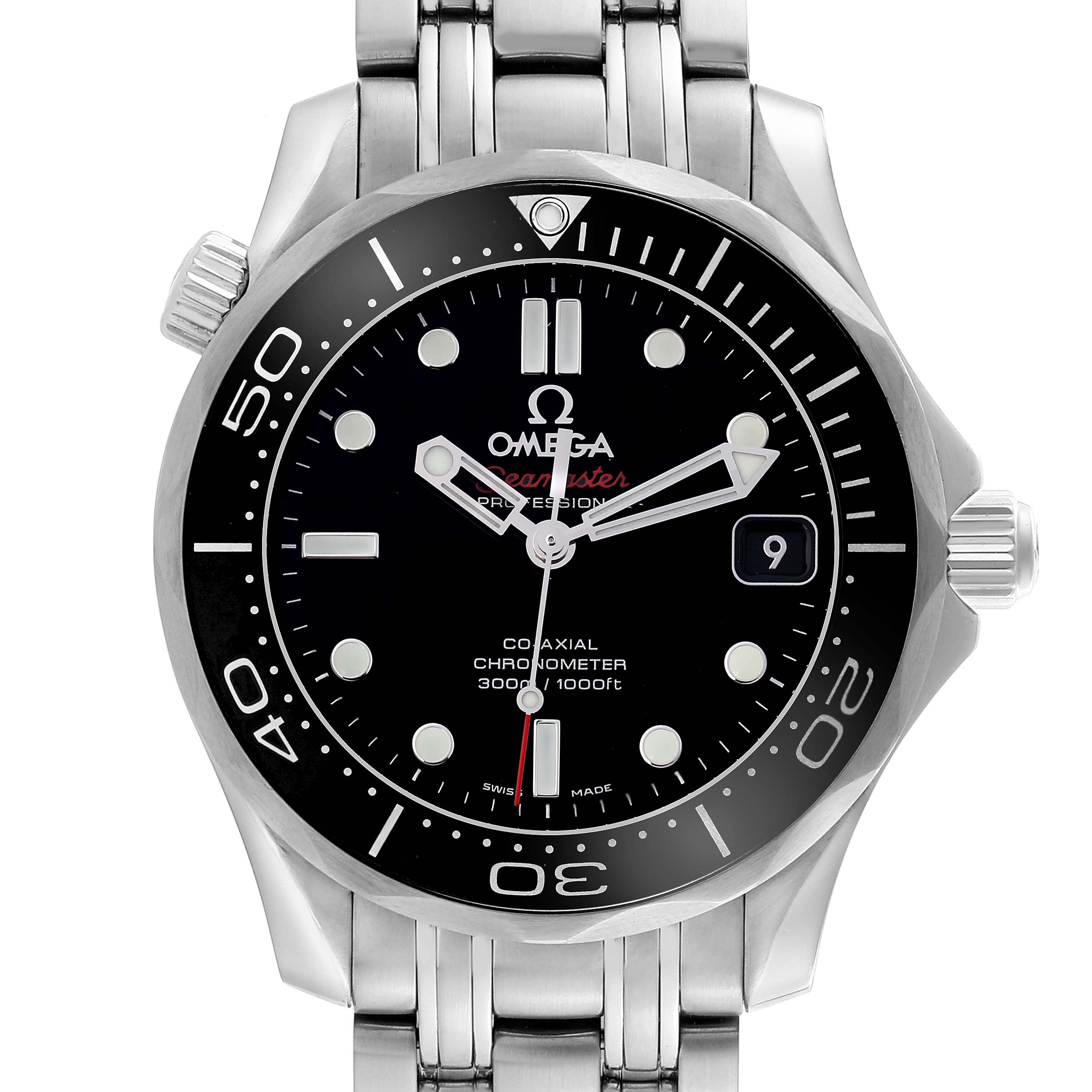 The Omega Seamaster 212.30.36.20.01.002 Men
s Stainless Steel Black Dial 212.30.36.20.01.002 Men
s Stainless Steel Black Dial watch is shown from a top-down angle, displaying the face, bezel, and bracelet.