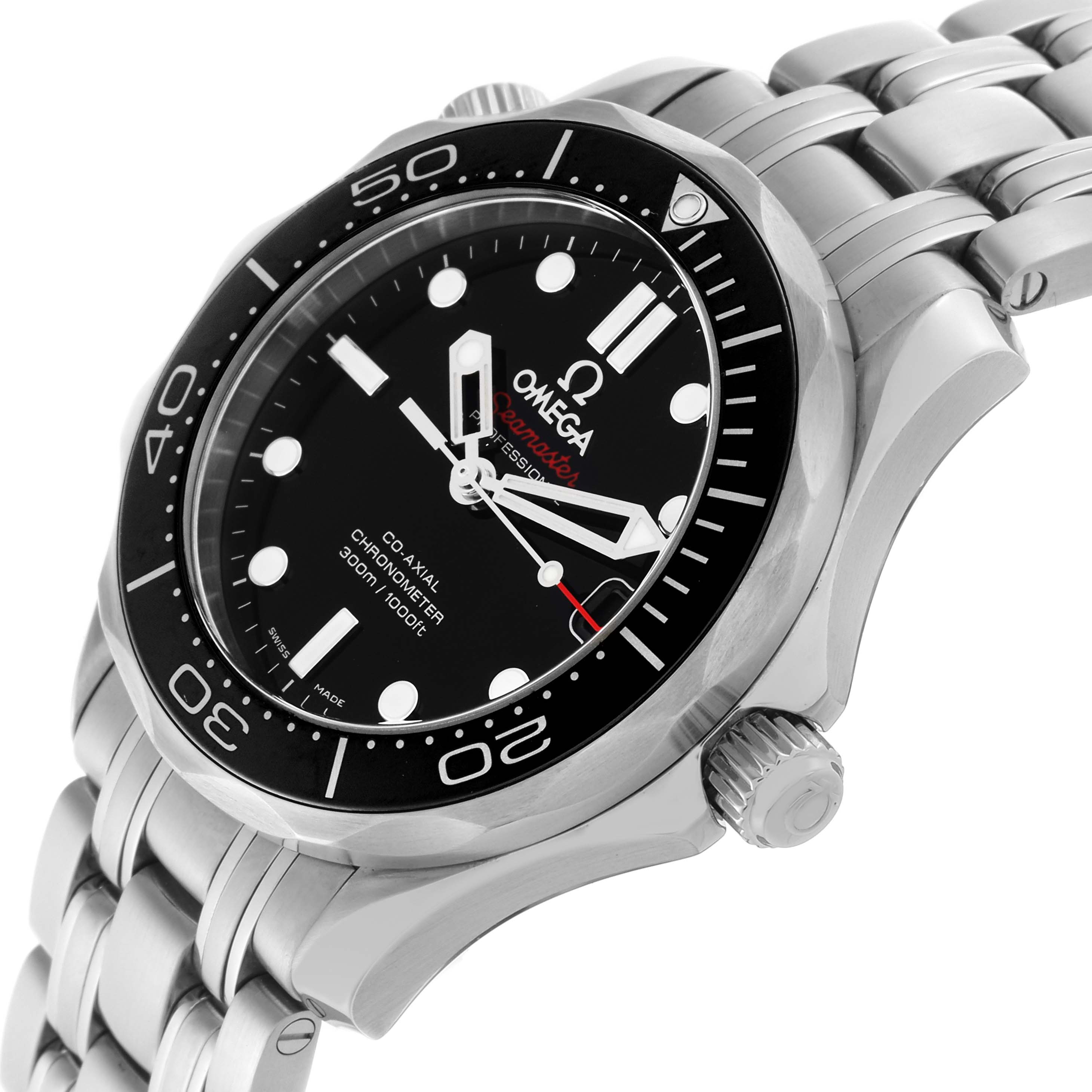 The Omega Seamaster 212.30.36.20.01.002 Men
s Stainless Steel Black Dial 212.30.36.20.01.002 Men
s Stainless Steel Black Dial is angled to show the face, bezel, crown, and part of the bracelet.
