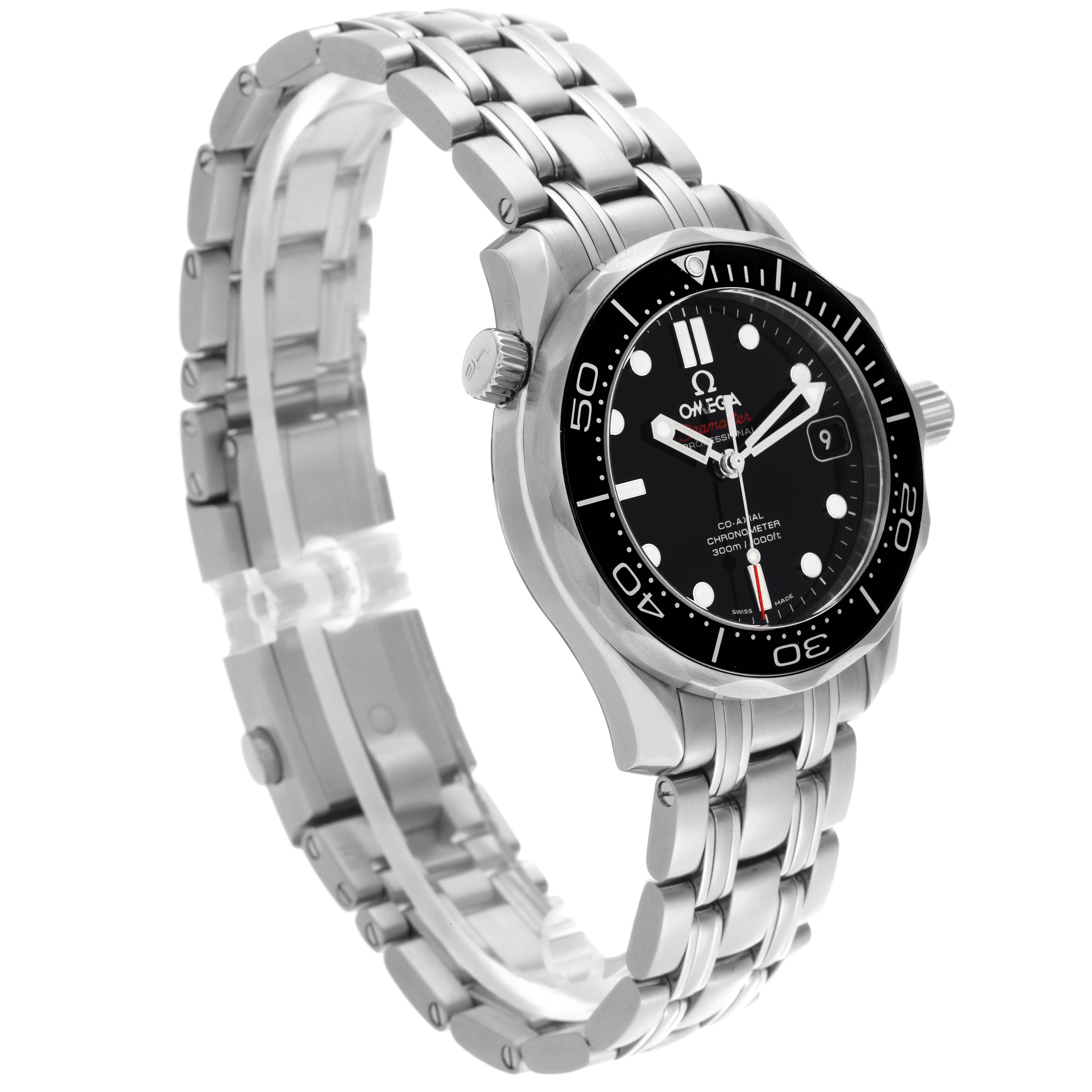 The Omega Seamaster 212.30.36.20.01.002 Men
s Stainless Steel Black Dial 212.30.36.20.01.002 Men
s Stainless Steel Black Dial watch is shown from a front-right angle, displaying the face, bezel, crown, and metal bracelet.