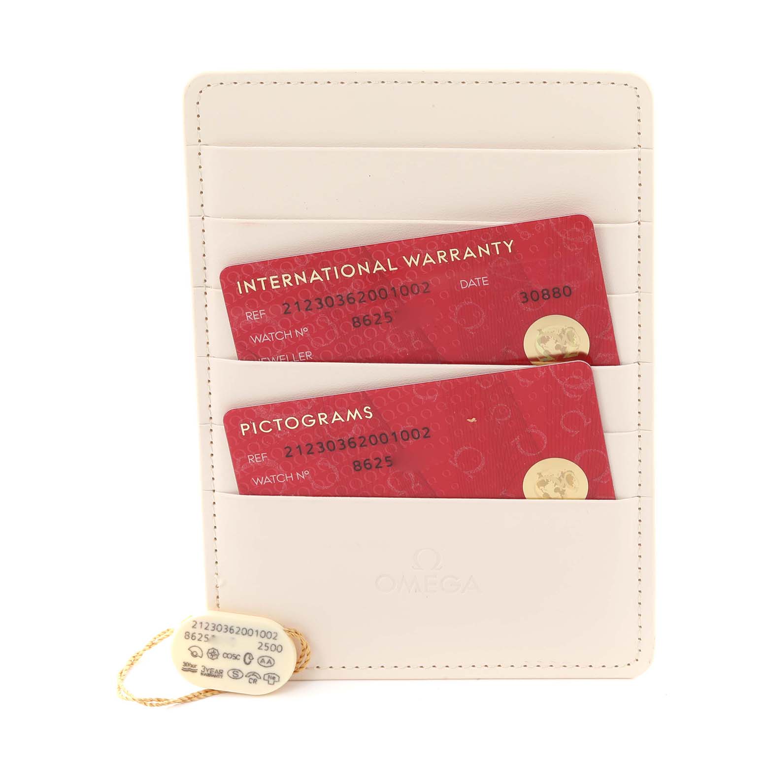 The image shows Omega Seamaster 212.30.36.20.01.002 Men
s Stainless Steel Black Dial 212.30.36.20.01.002 Men
s Stainless Steel Black Dial warranty and pictograms cards in a holder, with a tag displaying model details.