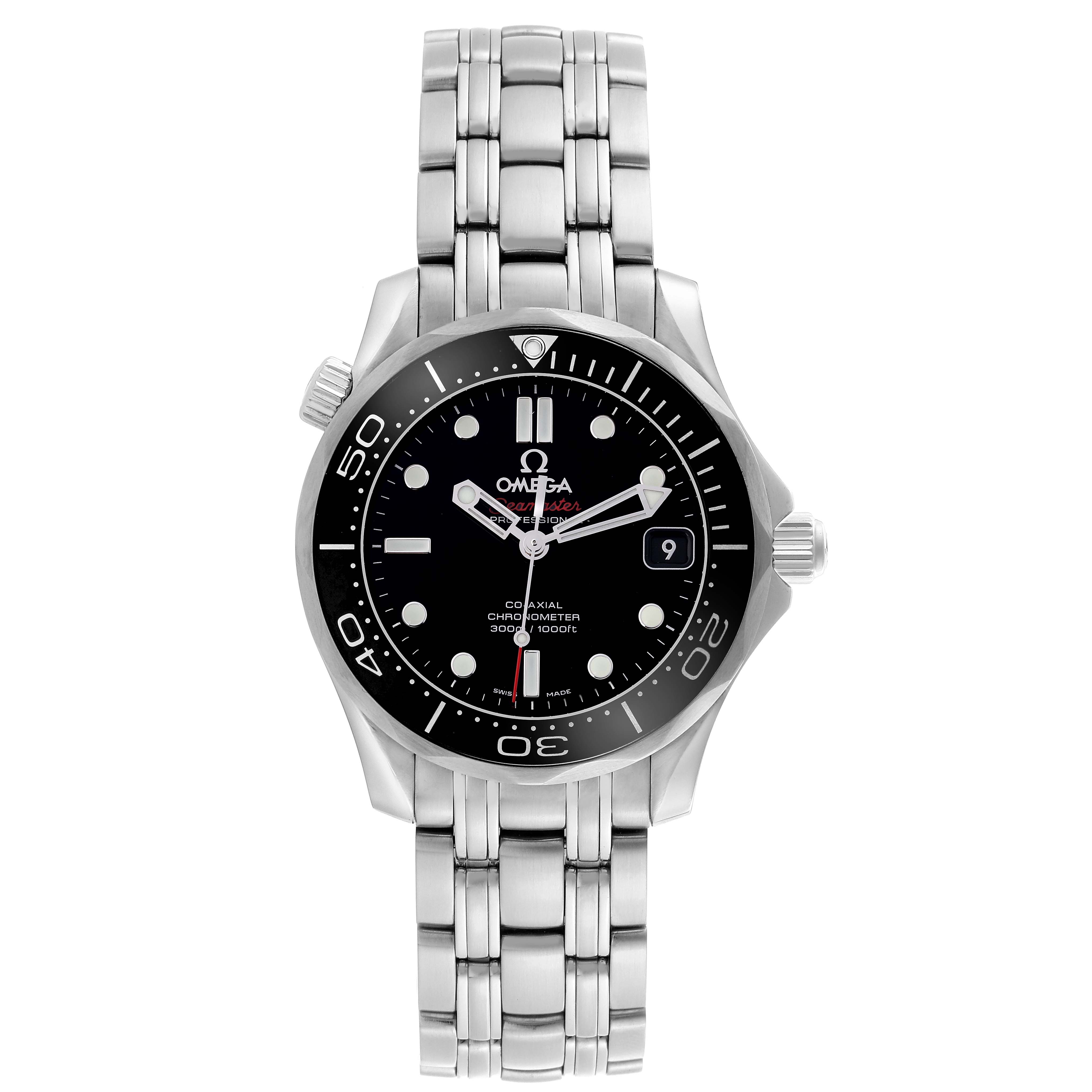 The Omega Seamaster 212.30.36.20.01.002 Men
s Stainless Steel Black Dial 212.30.36.20.01.002 Men
s Stainless Steel Black Dial watch is shown from a front angle, displaying the face, bezel, bracelet, and crown.