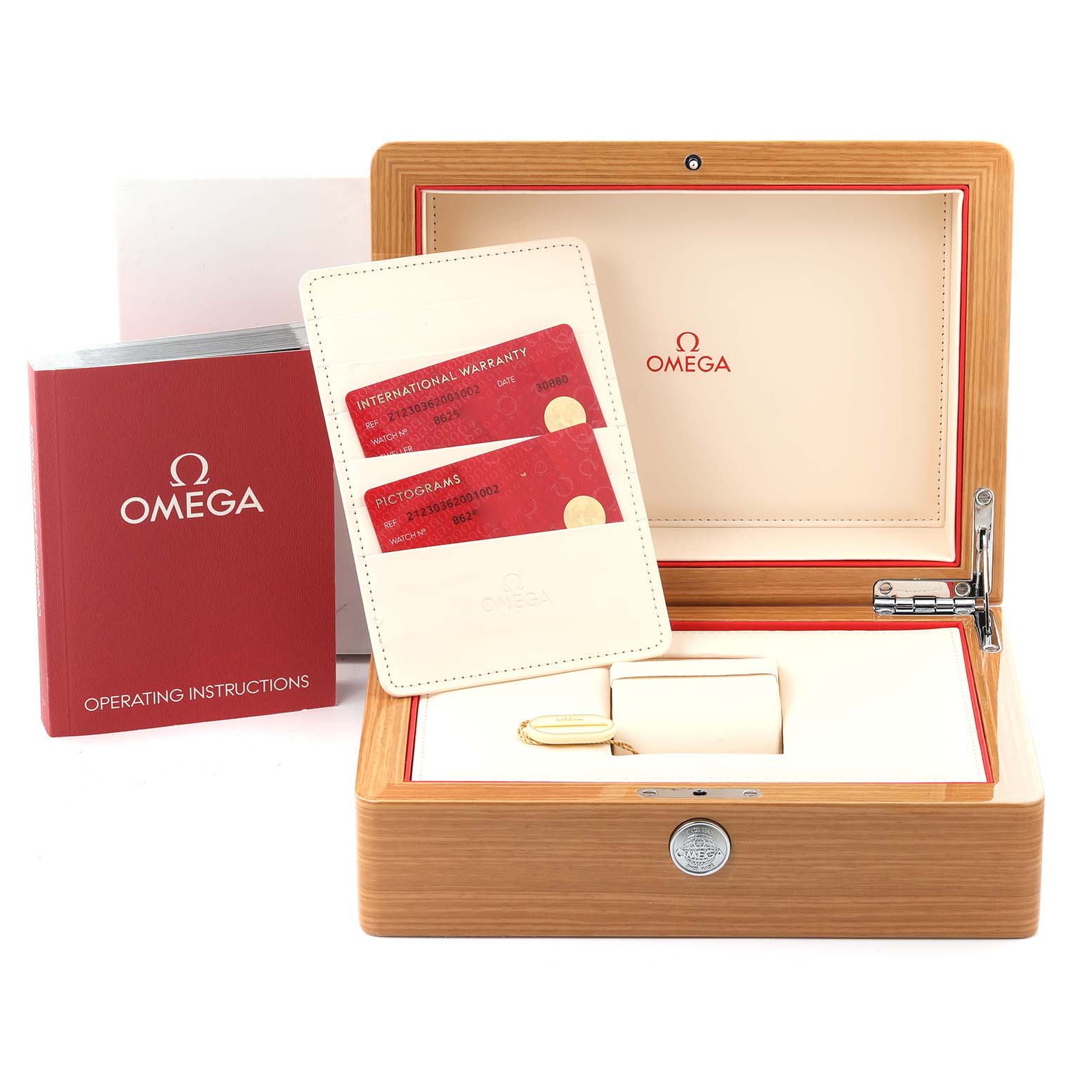 The image shows an Omega Seamaster 212.30.36.20.01.002 Men
s Stainless Steel Black Dial 212.30.36.20.01.002 Men
s Stainless Steel Black Dial box with warranty cards, operating instructions, and a case for the watch.