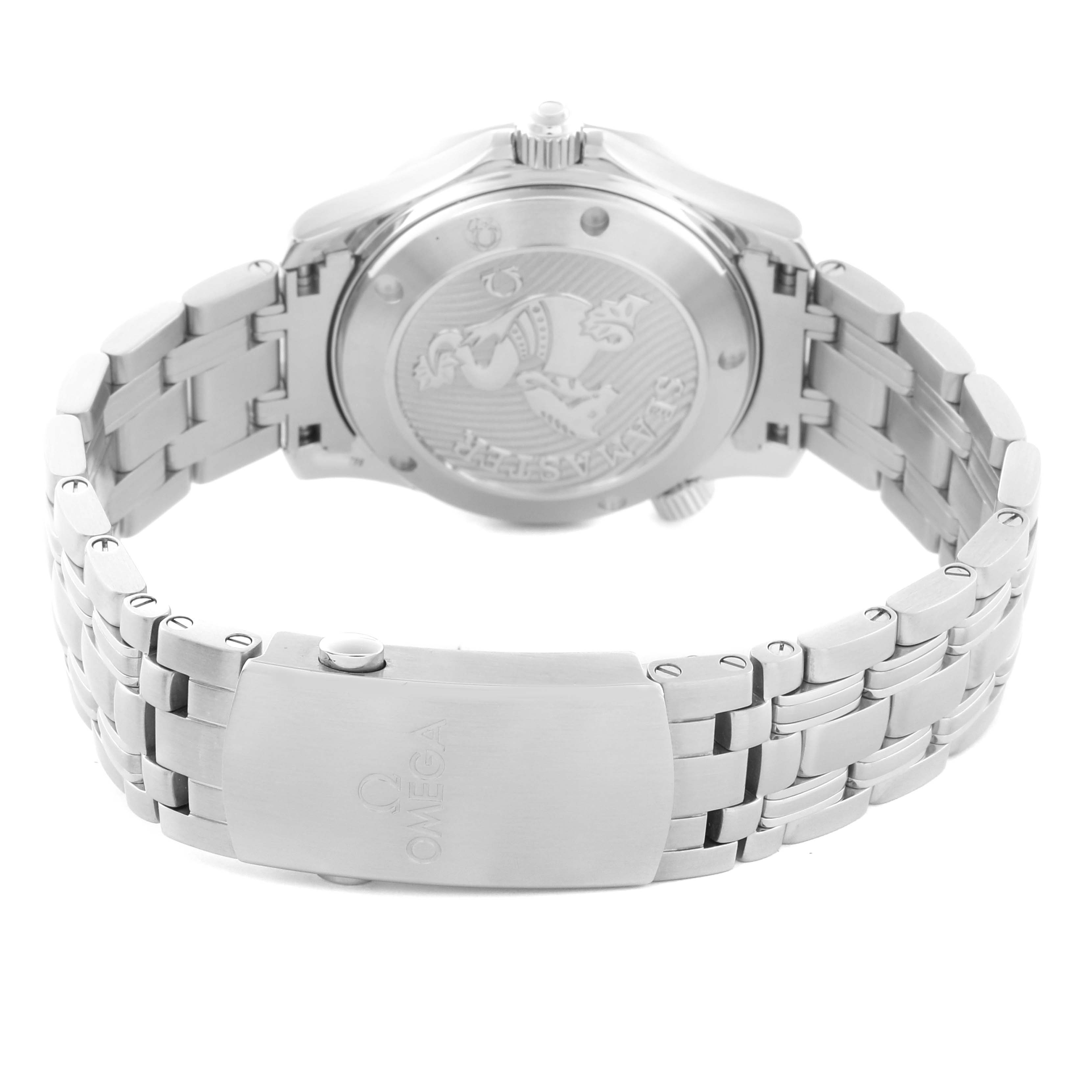 The image shows the back of the Omega Seamaster 212.30.36.20.01.002 Men
s Stainless Steel Black Dial 212.30.36.20.01.002 Men
s Stainless Steel Black Dial watch, highlighting the case back and bracelet clasp.