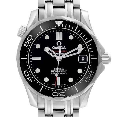 The Omega Seamaster watch is shown from a front angle, displaying the dial, bezel, and part of the bracelet.