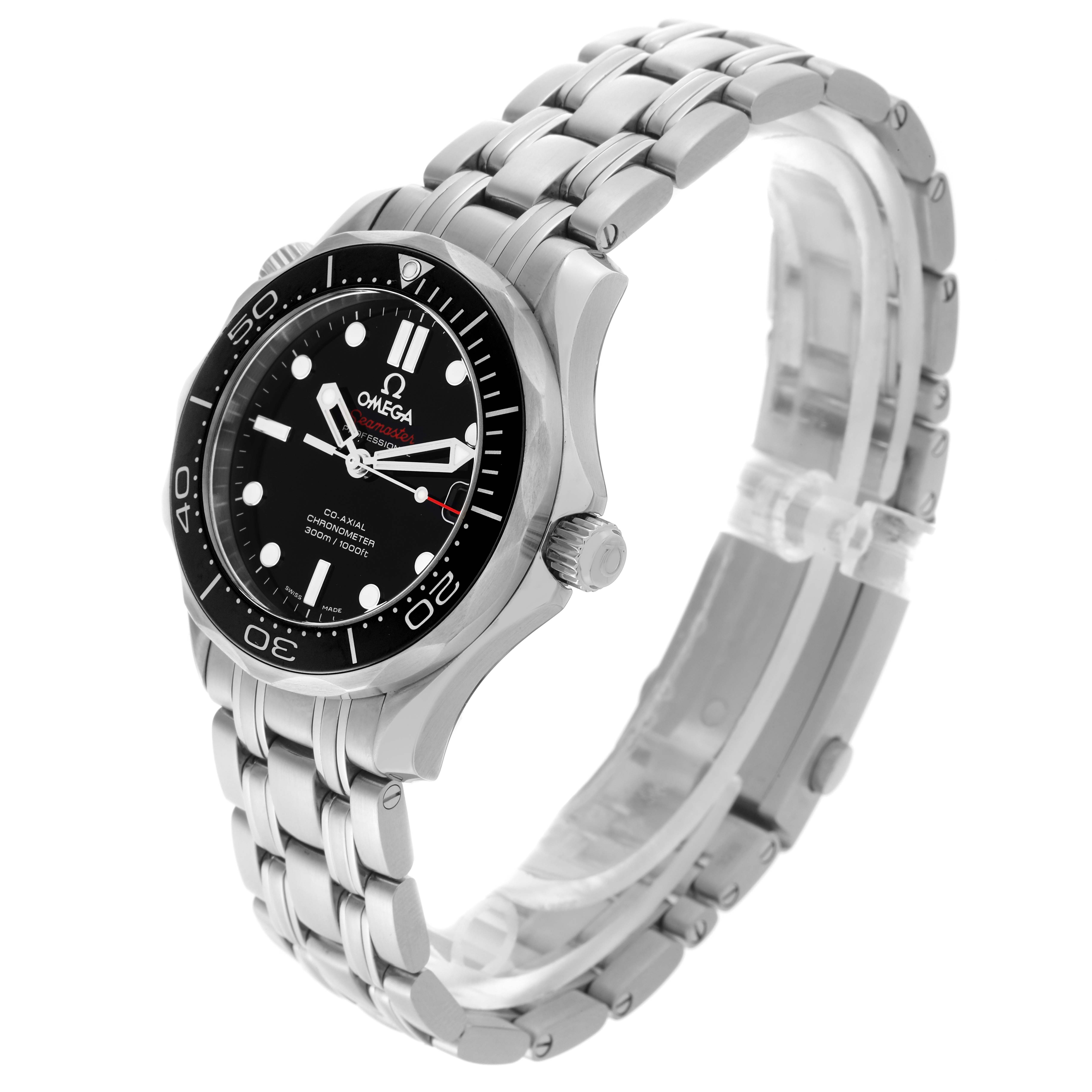 The Omega Seamaster 212.30.36.20.01.002 Men
s Stainless Steel Black Dial 212.30.36.20.01.002 Men
s Stainless Steel Black Dial watch is shown from a side angle, highlighting the bracelet, bezel, and crown.