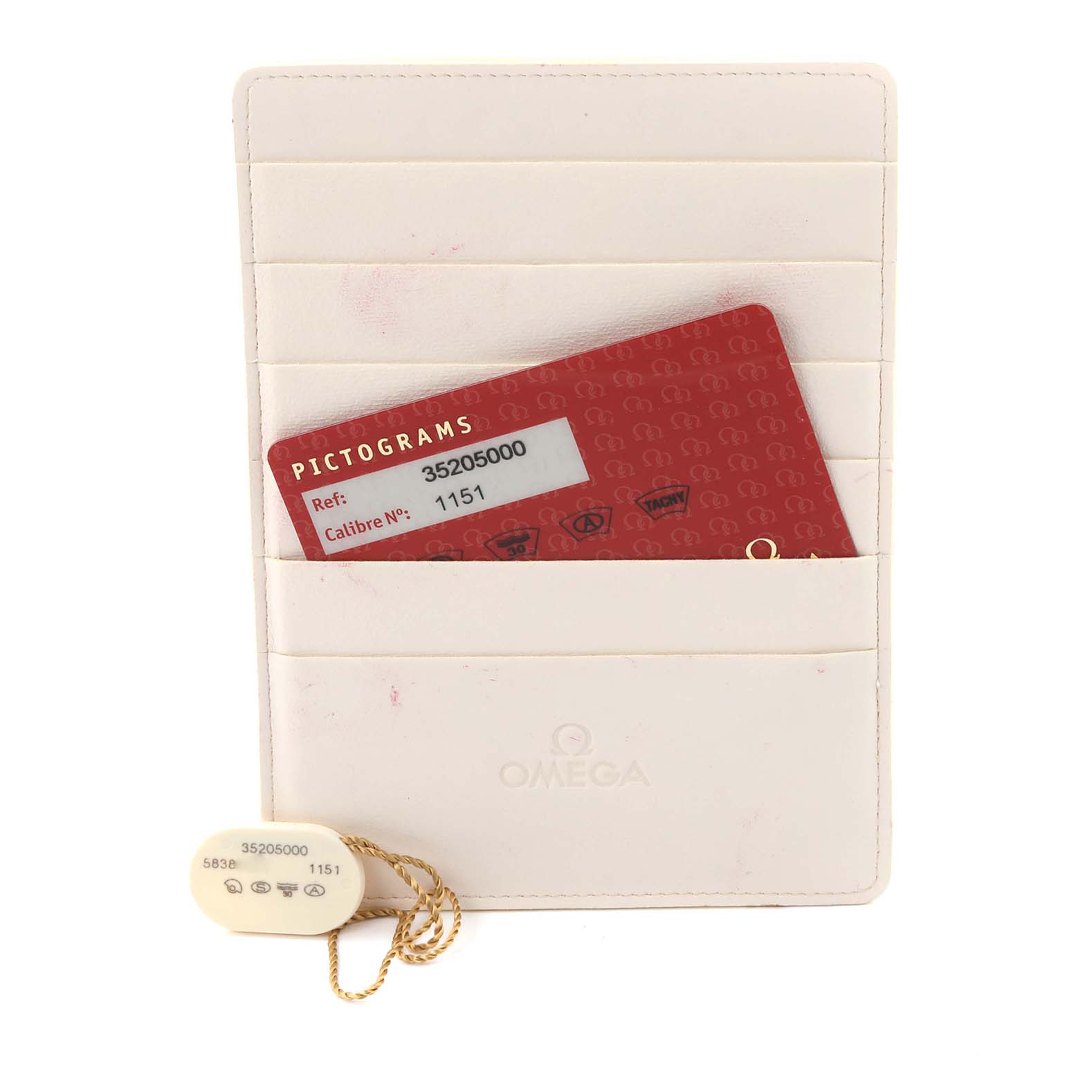 The image shows the Omega Seamaster 2297.80.00 Men's Steel and Gold (two tone) Blue Dial 2297.80.00 Men's Steel and Gold (two tone) Blue Dial model's accessories, including a red pictogram card and tag in a white holder.