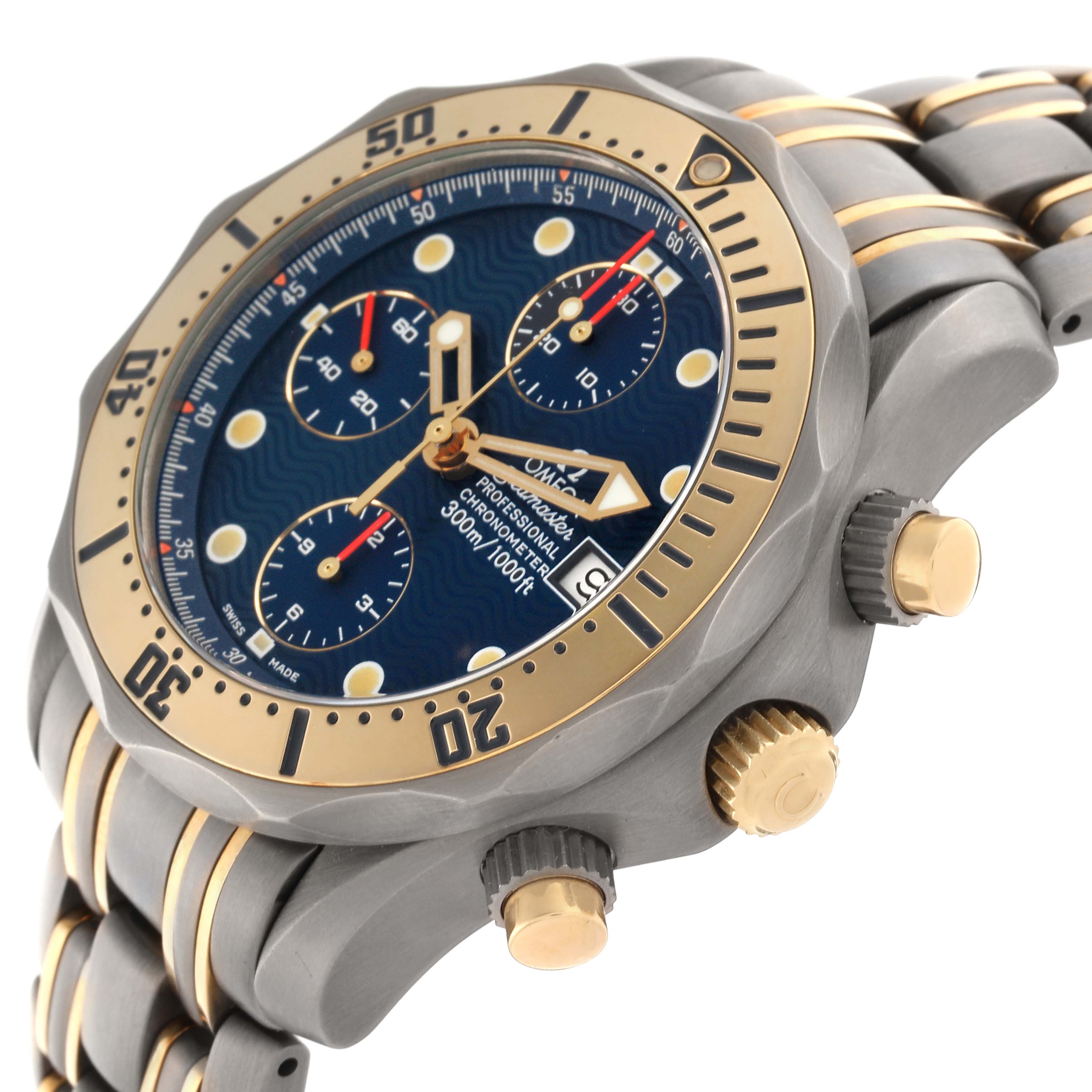 The Omega Seamaster 2297.80.00 Men's Steel and Gold (two tone) Blue Dial 2297.80.00 Men's Steel and Gold (two tone) Blue Dial watch is shown at an angle displaying the bezel, crown, pushers, and partial bracelet.