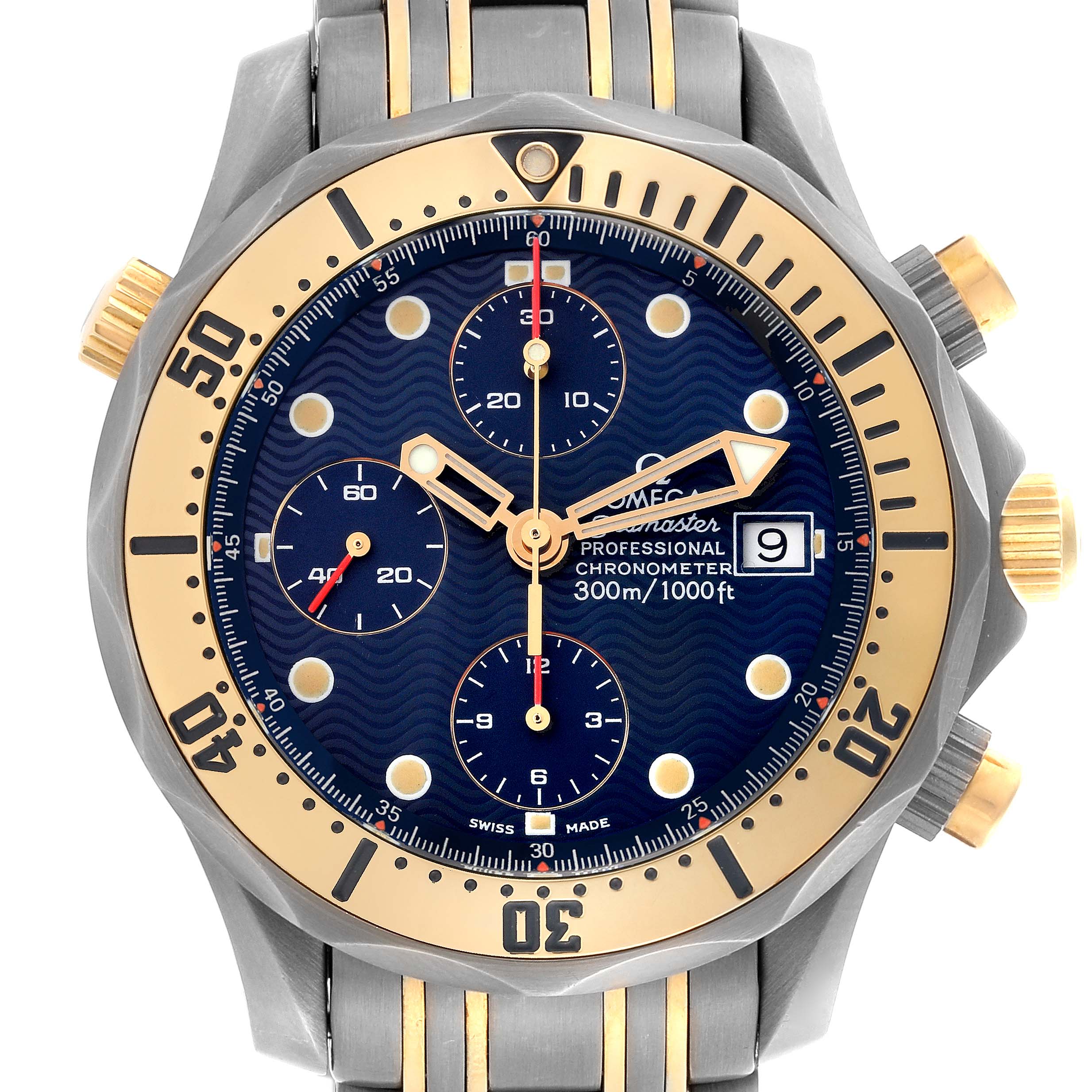 The Omega Seamaster 2297.80.00 Men's Steel and Gold (two tone) Blue Dial 2297.80.00 Men's Steel and Gold (two tone) Blue Dial watch is shown from the front, displaying the dial, bezel, subdials, date window, and part of the bracelet.