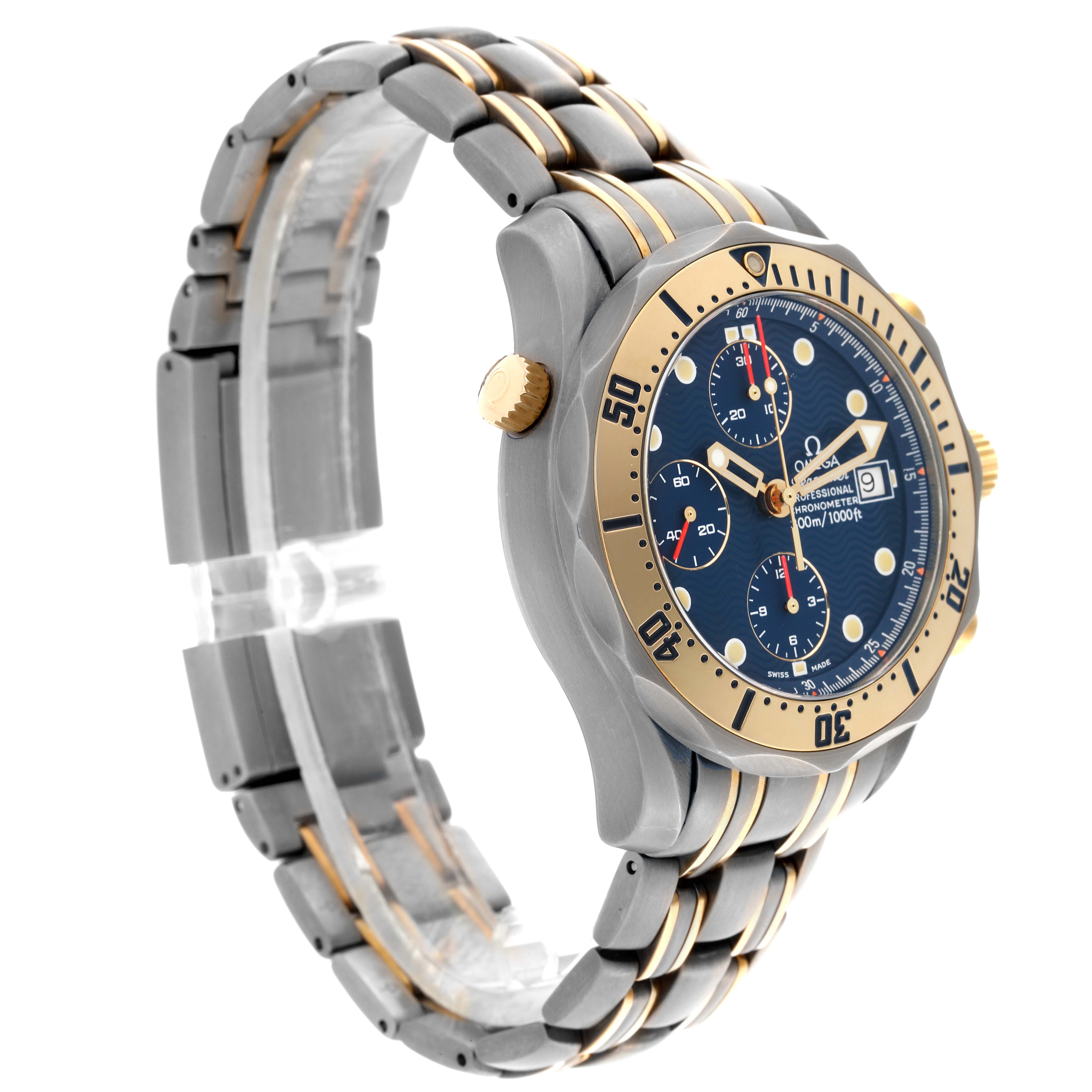 The Omega Seamaster 2297.80.00 Men's Steel and Gold (two tone) Blue Dial 2297.80.00 Men's Steel and Gold (two tone) Blue Dial watch is shown at a three-quarter angle, highlighting the bezel, crown, face, and bracelet.