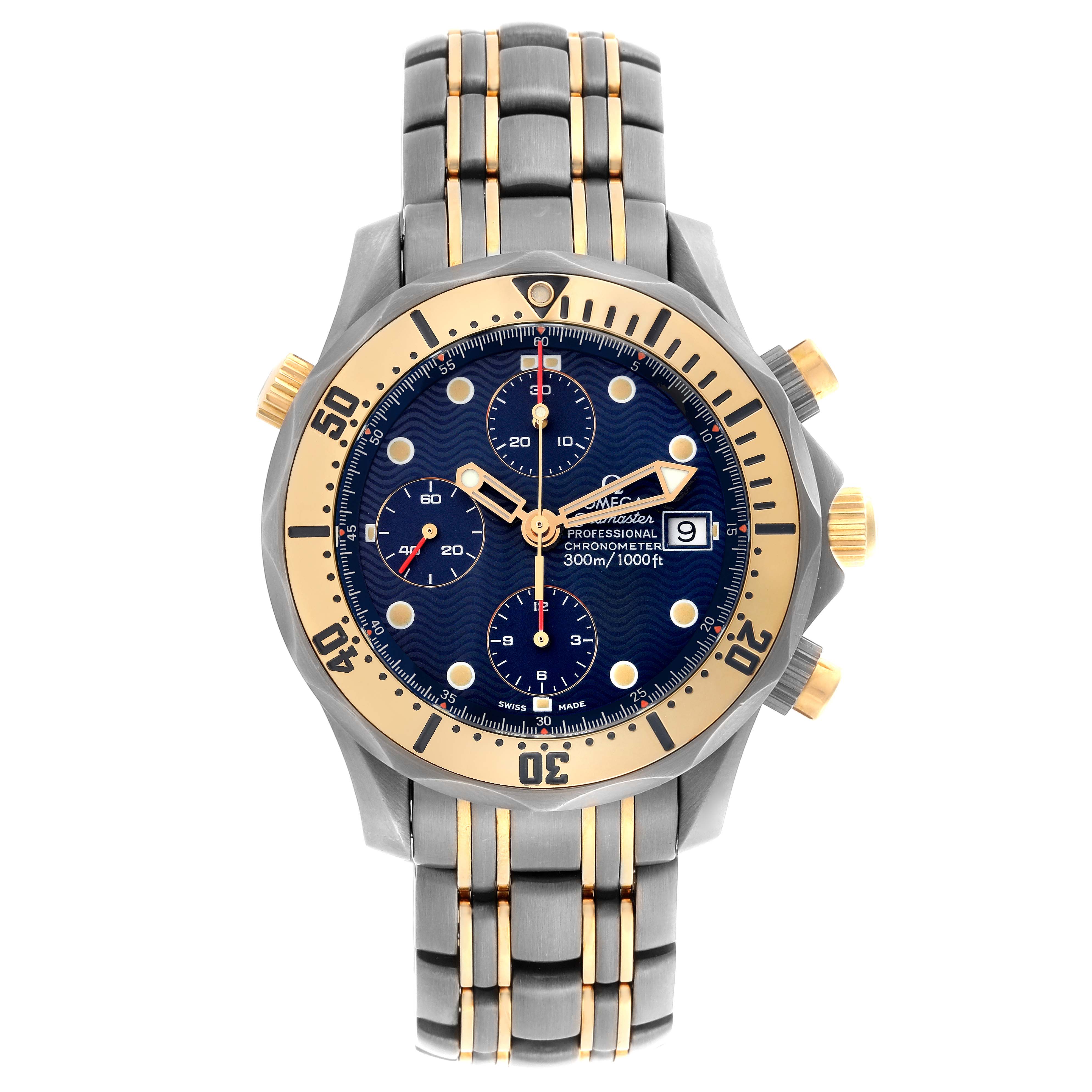 The image shows a frontal view of an Omega Seamaster 2297.80.00 Men's Steel and Gold (two tone) Blue Dial 2297.80.00 Men's Steel and Gold (two tone) Blue Dial watch, highlighting the bezel, chronograph dials, and metal bracelet.