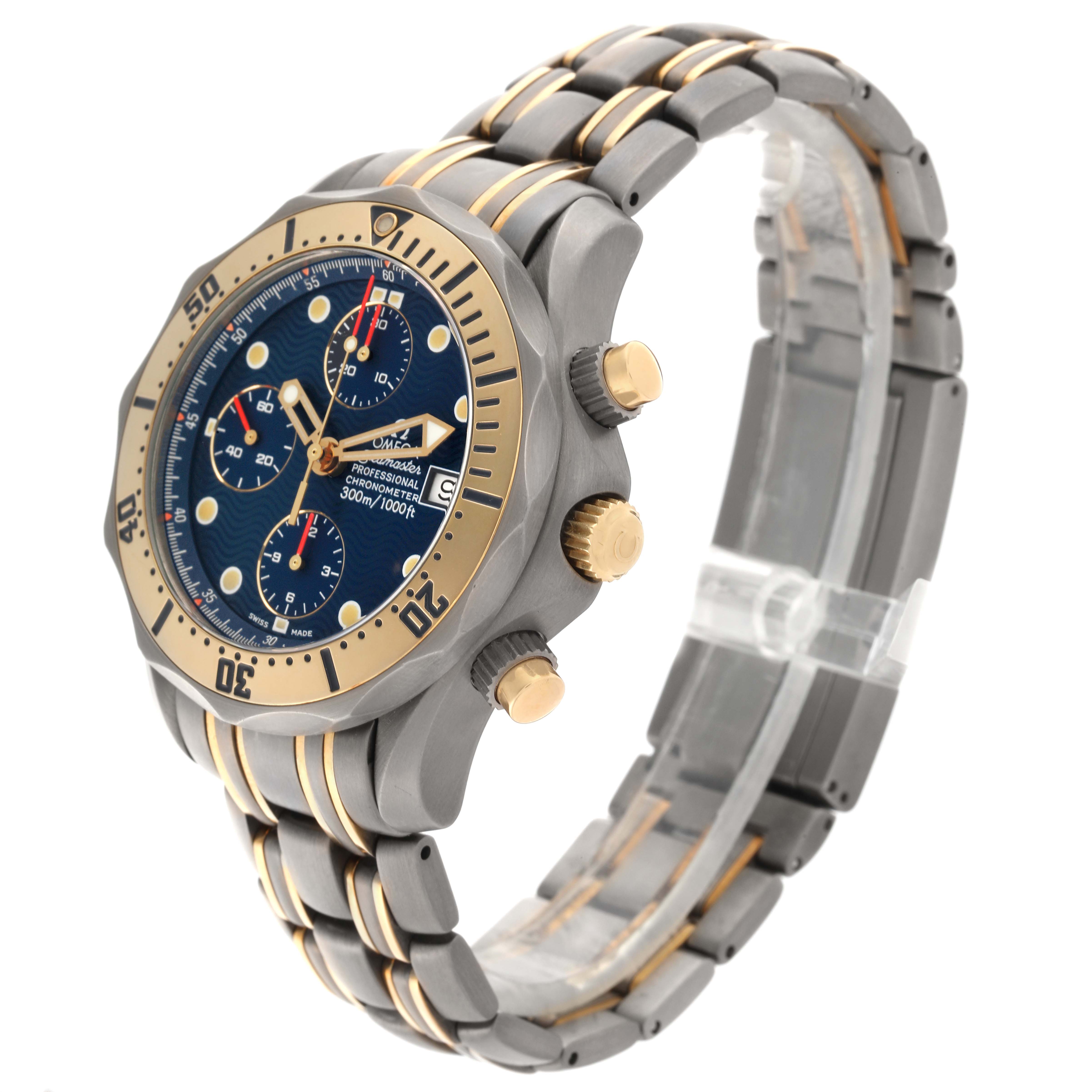 The Omega Seamaster 2297.80.00 Men's Steel and Gold (two tone) Blue Dial 2297.80.00 Men's Steel and Gold (two tone) Blue Dial watch is shown at a three-quarter angle, displaying the face, bezel, crown, and bracelet.