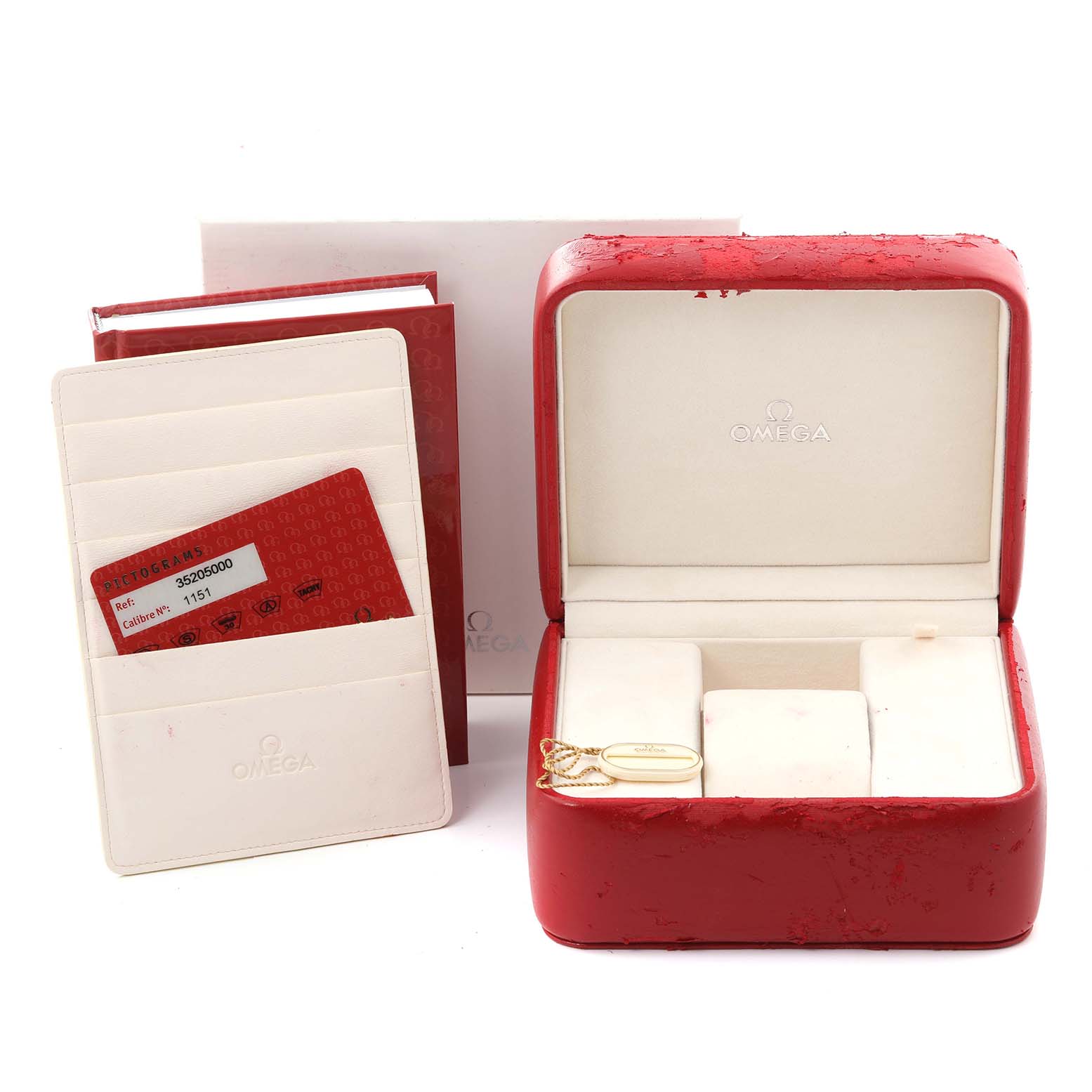 The image shows an open Omega Seamaster 2297.80.00 Men's Steel and Gold (two tone) Blue Dial 2297.80.00 Men's Steel and Gold (two tone) Blue Dial box, a warranty cardholder, and instruction manuals.