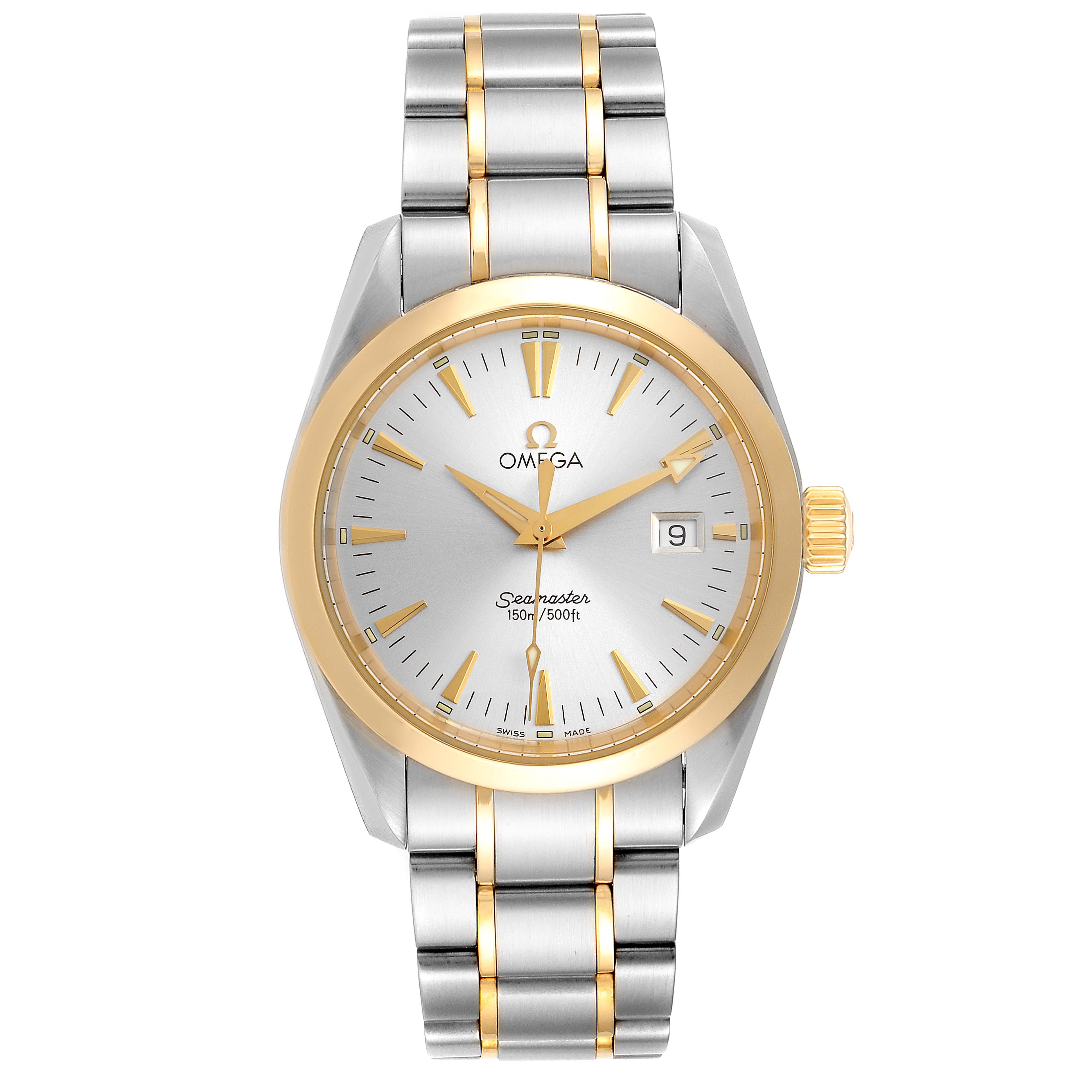 The image shows a front view of an Omega Seamaster 2318.30.00 Men's Steel and Gold (two tone) Silver Dial 2318.30.00 Men's Steel and Gold (two tone) Silver Dial watch featuring a two-tone silver and gold design with a date window.