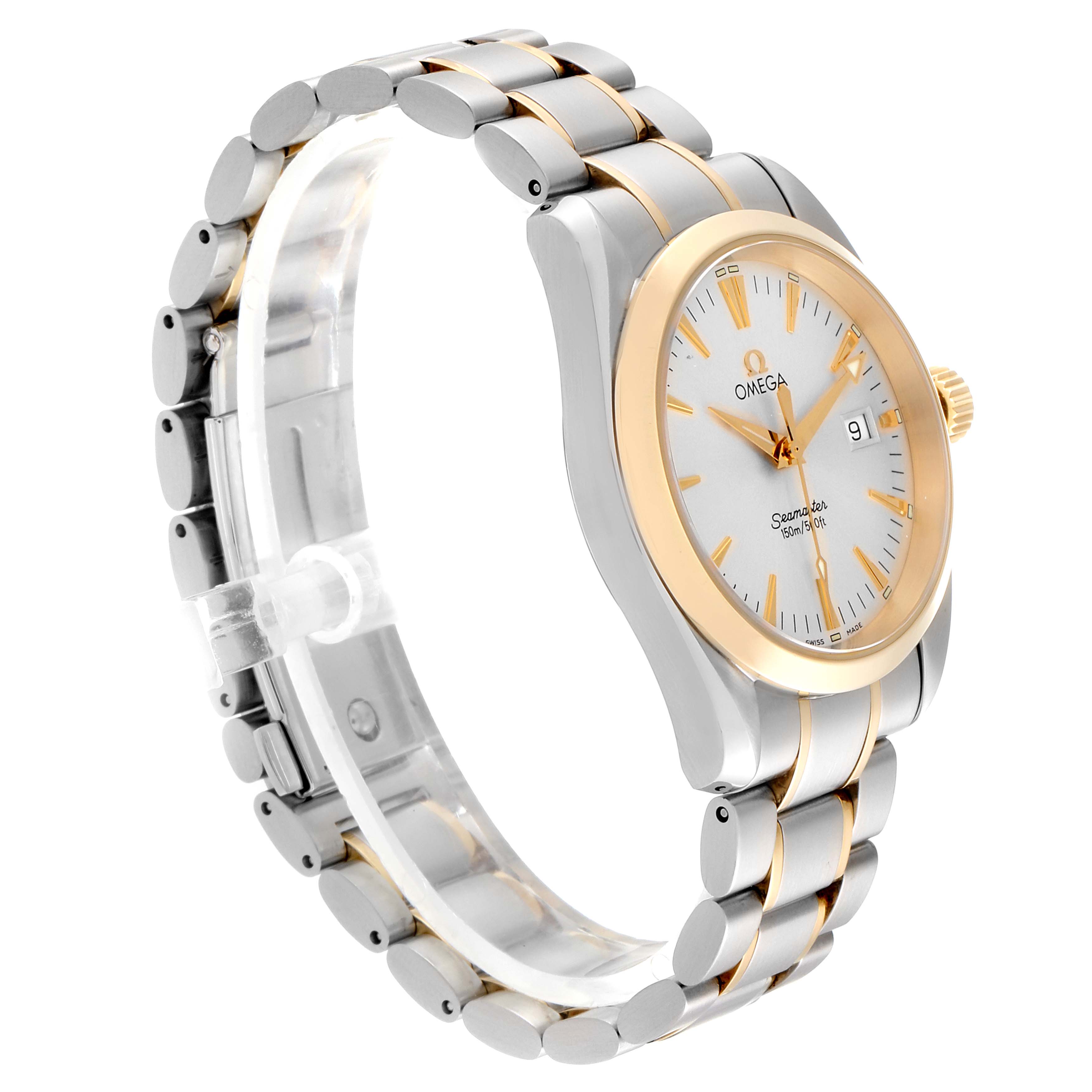 The Omega Seamaster 2318.30.00 Men's Steel and Gold (two tone) Silver Dial 2318.30.00 Men's Steel and Gold (two tone) Silver Dial watch is shown at an angle, showcasing the face, bezel, crown, and part of the bracelet.