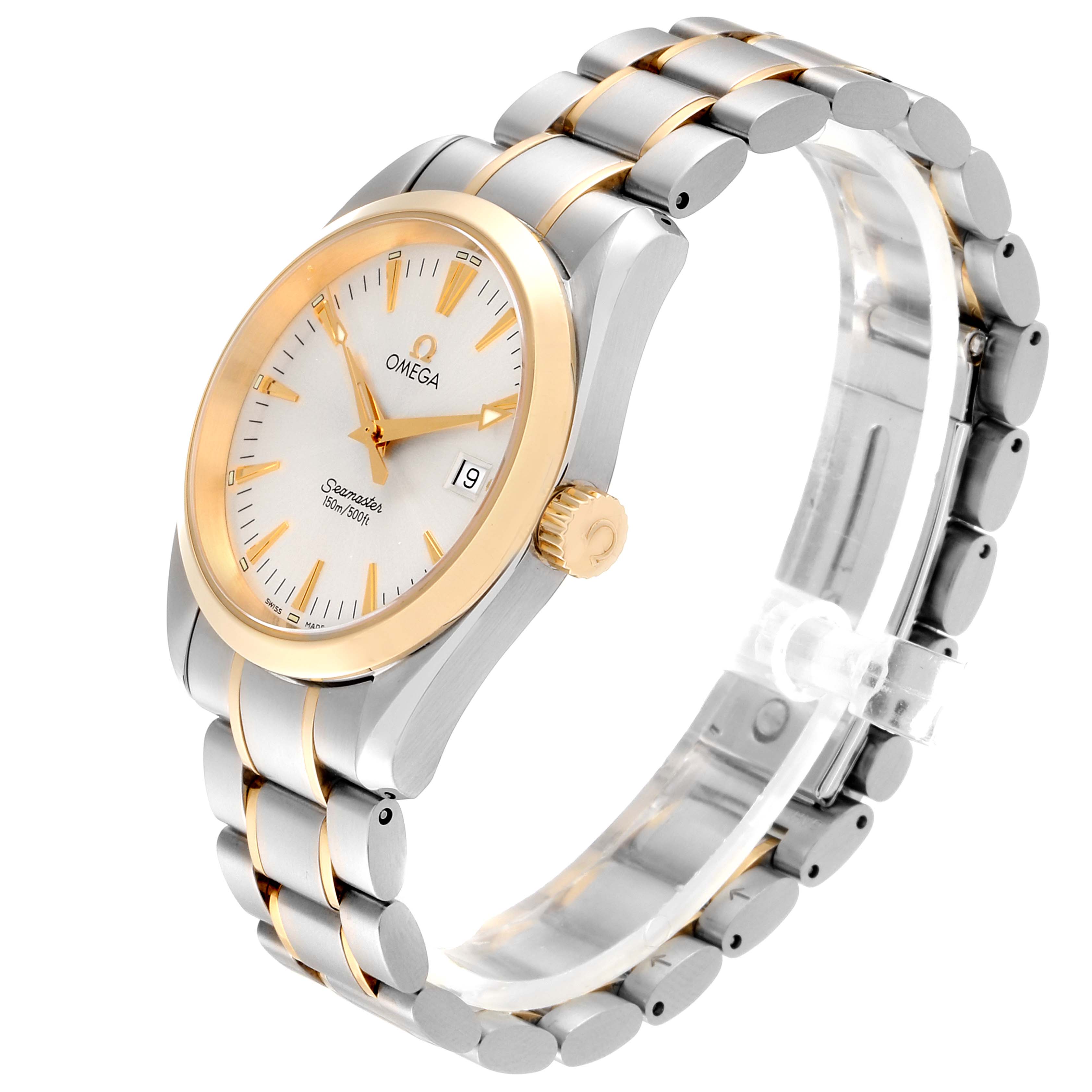 This Omega Seamaster 2318.30.00 Men's Steel and Gold (two tone) Silver Dial 2318.30.00 Men's Steel and Gold (two tone) Silver Dial model watch is shown at a slight angle, displaying the dial, bezel, crown, and bracelet in silver and gold.